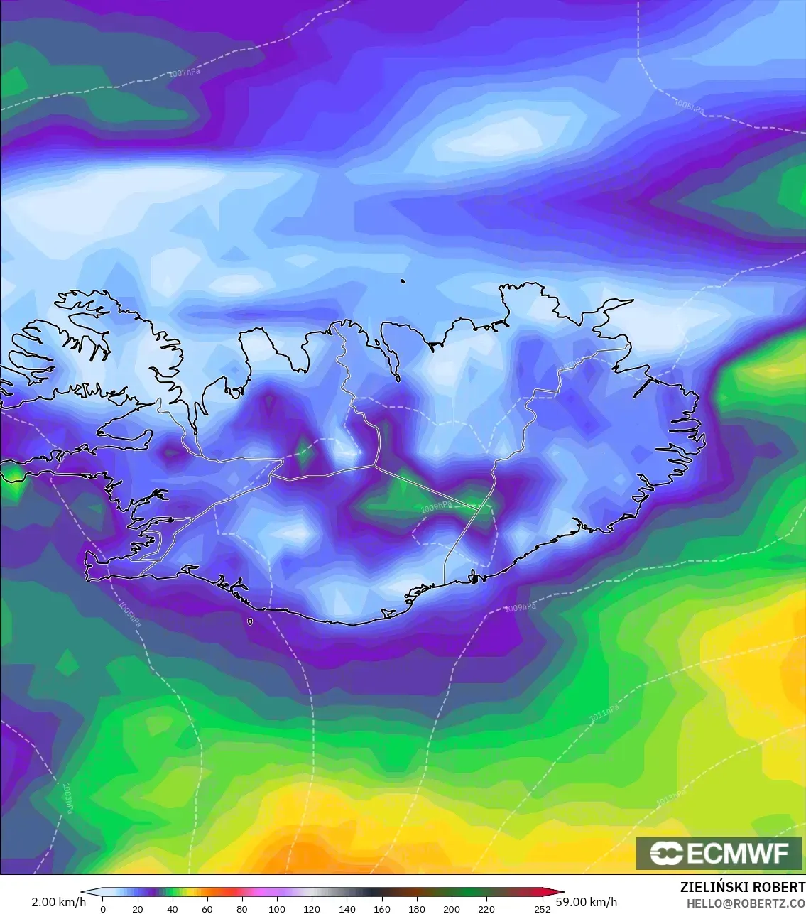 ECMWF IFS 0.25° modelo - Islandia, Ráfagas de Viento Máximas