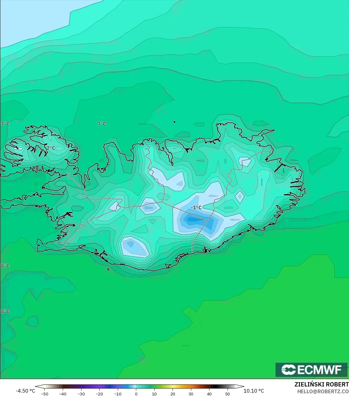 ECMWF IFS 0.25° modelo - Islandia, Temperatura a 2 m