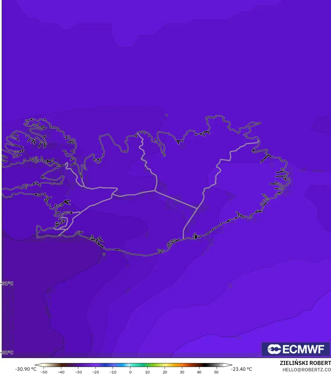 ECMWF IFS 0.25° modelo - Islandia, Temperatura a 500 hPa