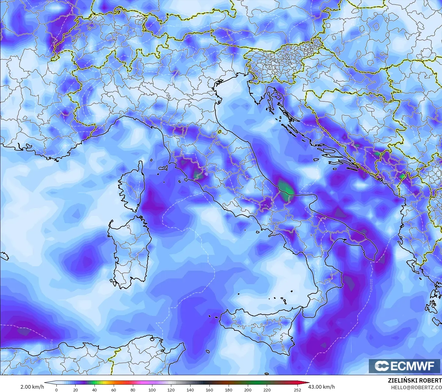 ECMWF IFS 0.25° modelo - Italia, Ráfagas de Viento Máximas