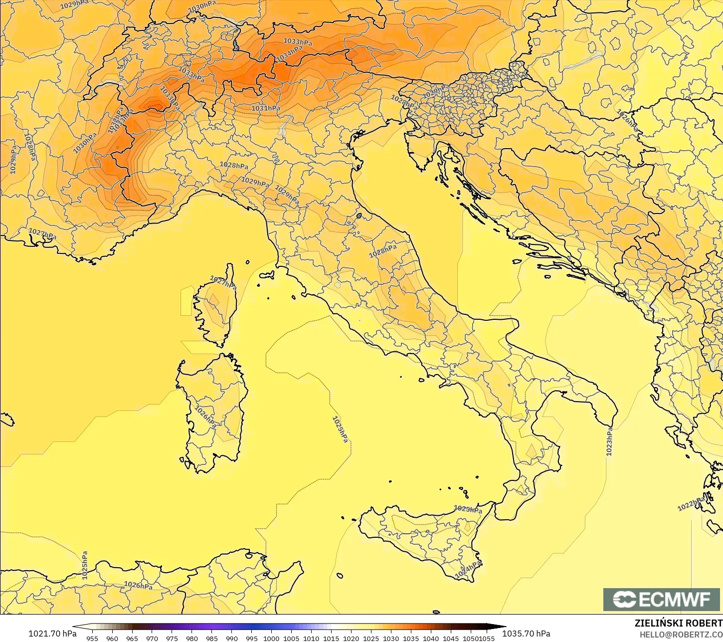 ECMWF IFS 0.25° modelo - Italia, Presión