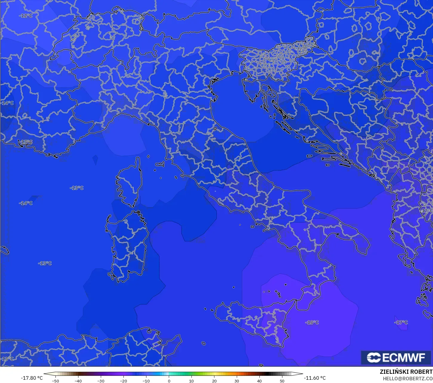 ECMWF IFS 0.25° modelo - Italia, Temperatura a 500 hPa