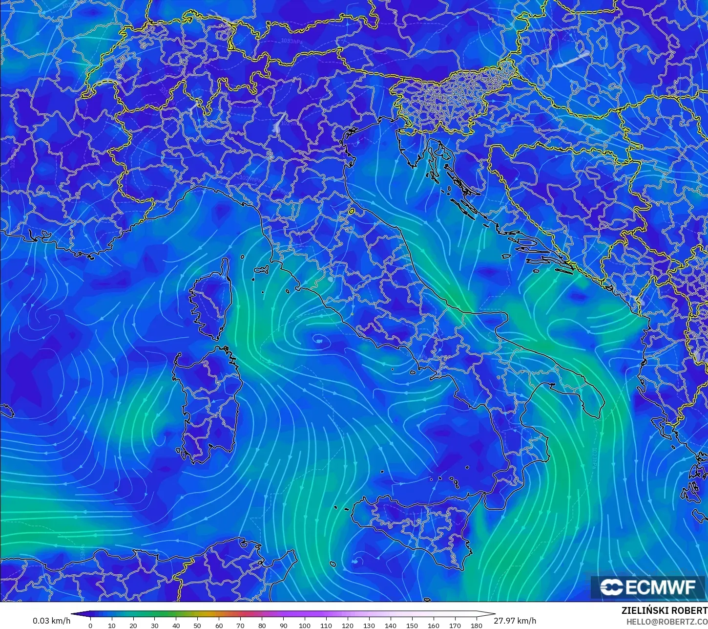 ECMWF IFS 0.25° modelo - Italia, Viento a 10 m