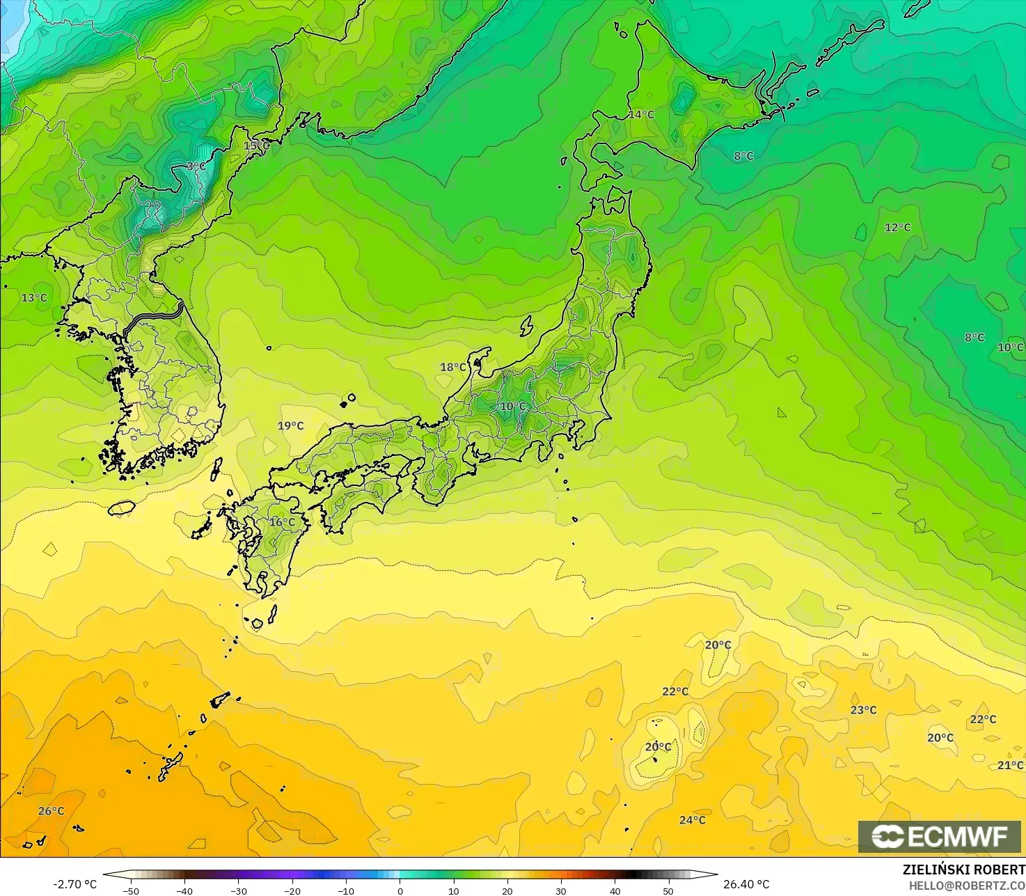 ECMWF IFS 0.25° modelo - Japón, Punto de rocío a 2 m