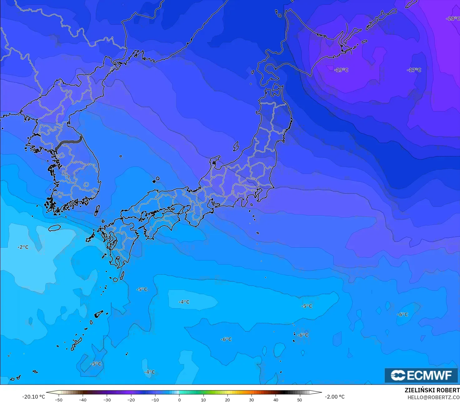 ECMWF IFS 0.25° modelo - Japón, Temperatura a 500 hPa