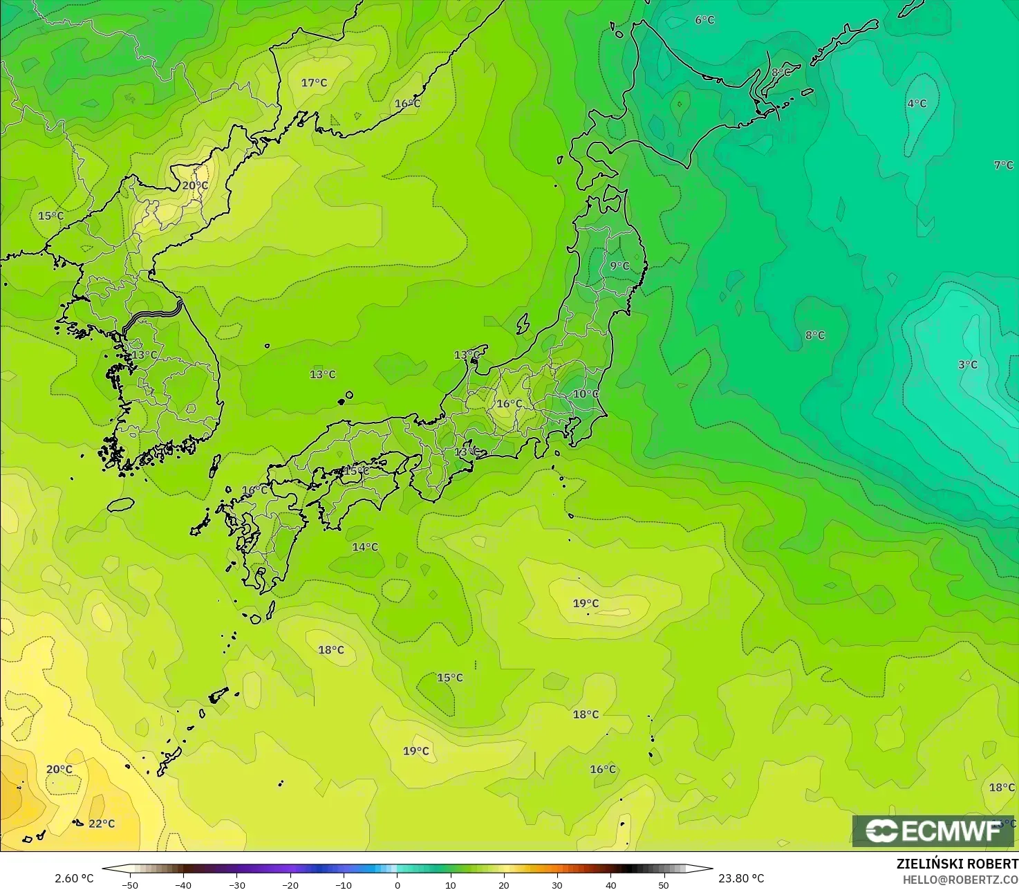 ECMWF IFS 0.25° modelo - Japón, Temperatura a 850 hPa