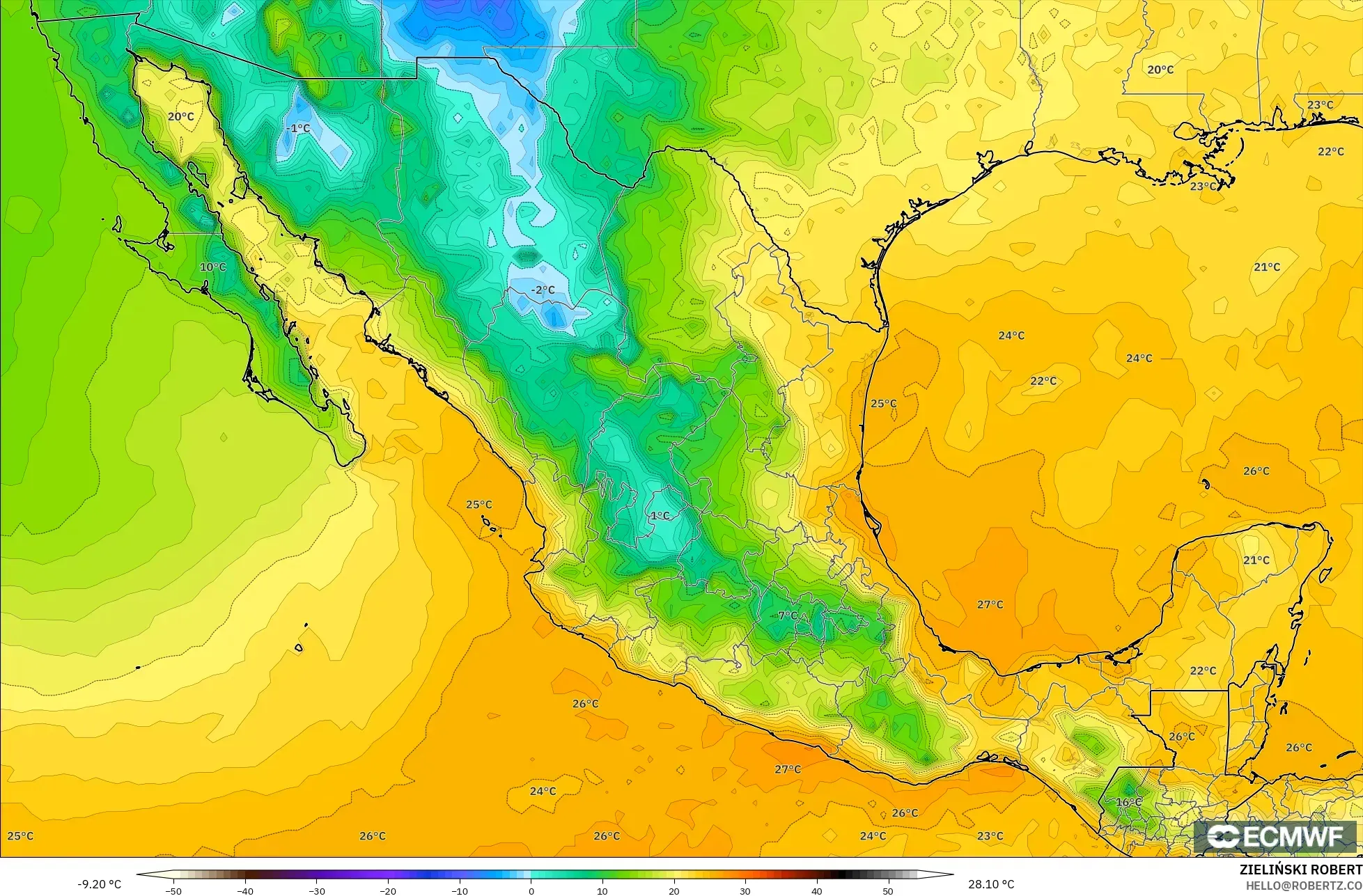 ECMWF IFS 0.25° modelo - México, Punto de rocío a 2 m