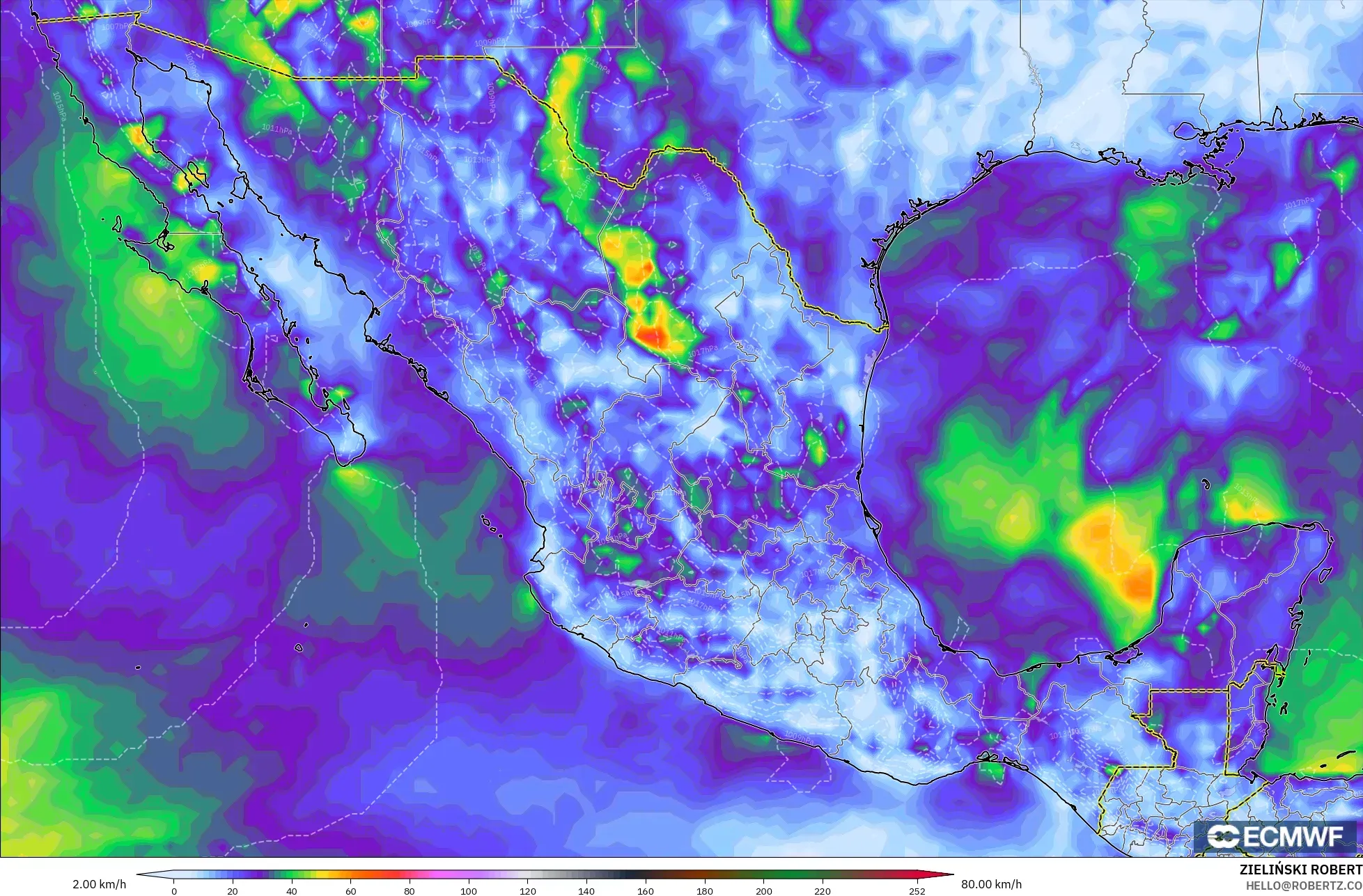 ECMWF IFS 0.25° modelo - México, Ráfagas de Viento Máximas