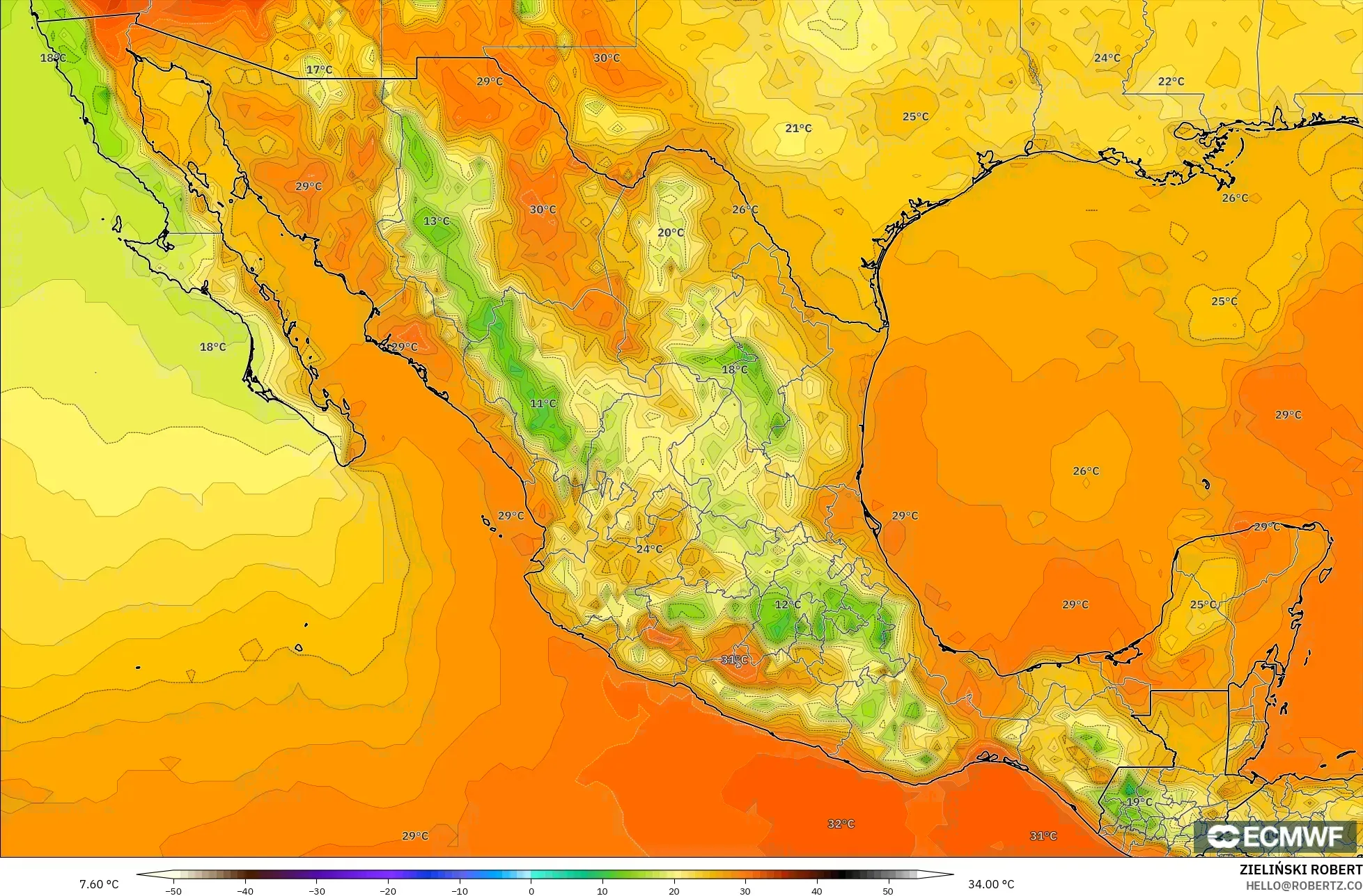 ECMWF IFS 0.25° modelo - México, Temperatura a 2 m