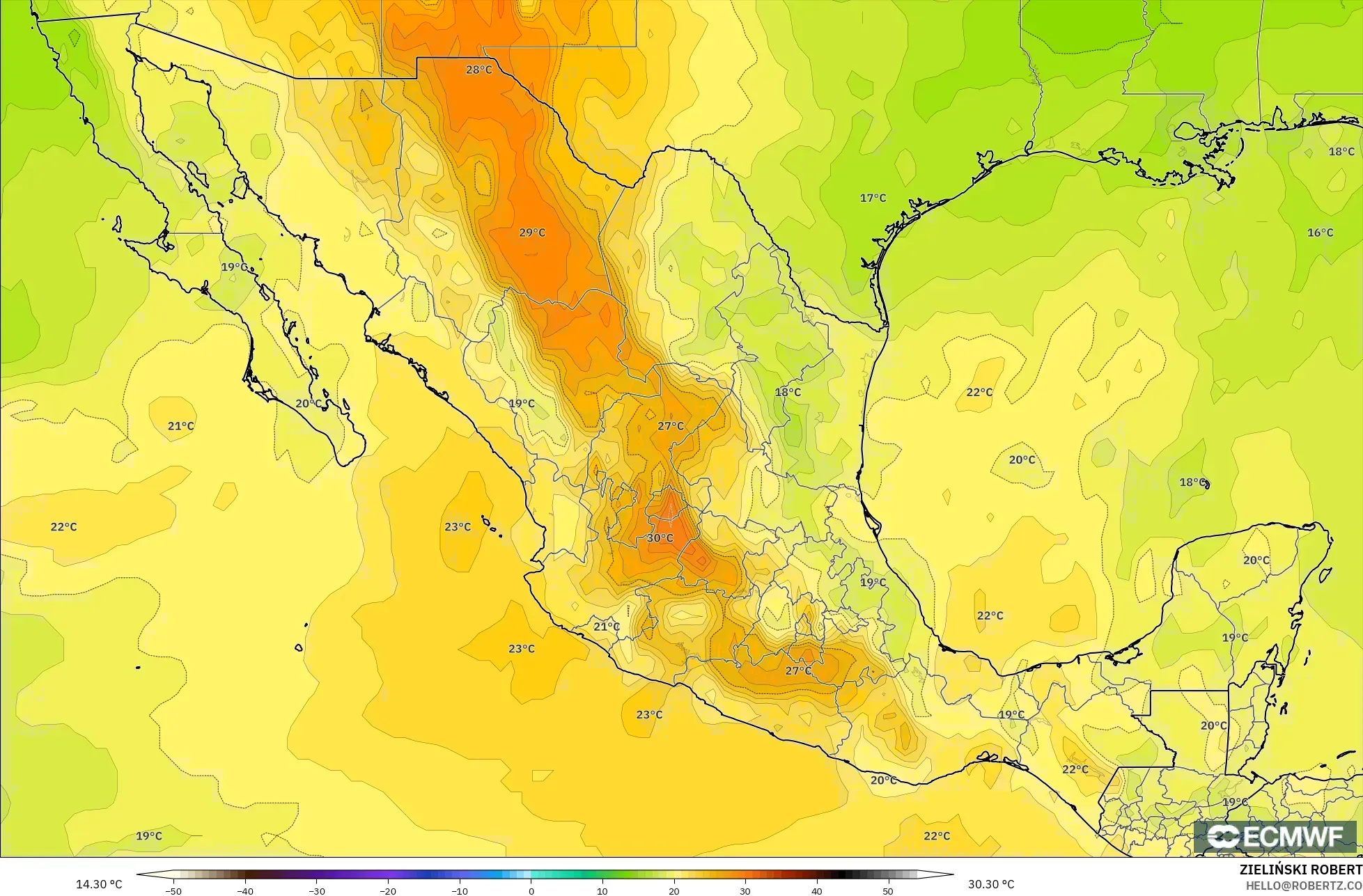 ECMWF IFS 0.25° modelo - México, Temperatura a 850 hPa