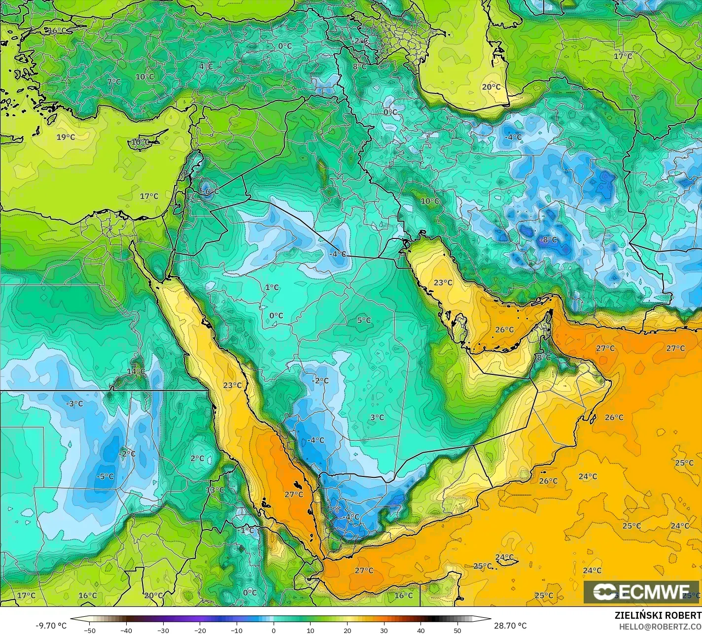 ECMWF IFS 0.25° modelo - Oriente Medio, Punto de rocío a 2 m