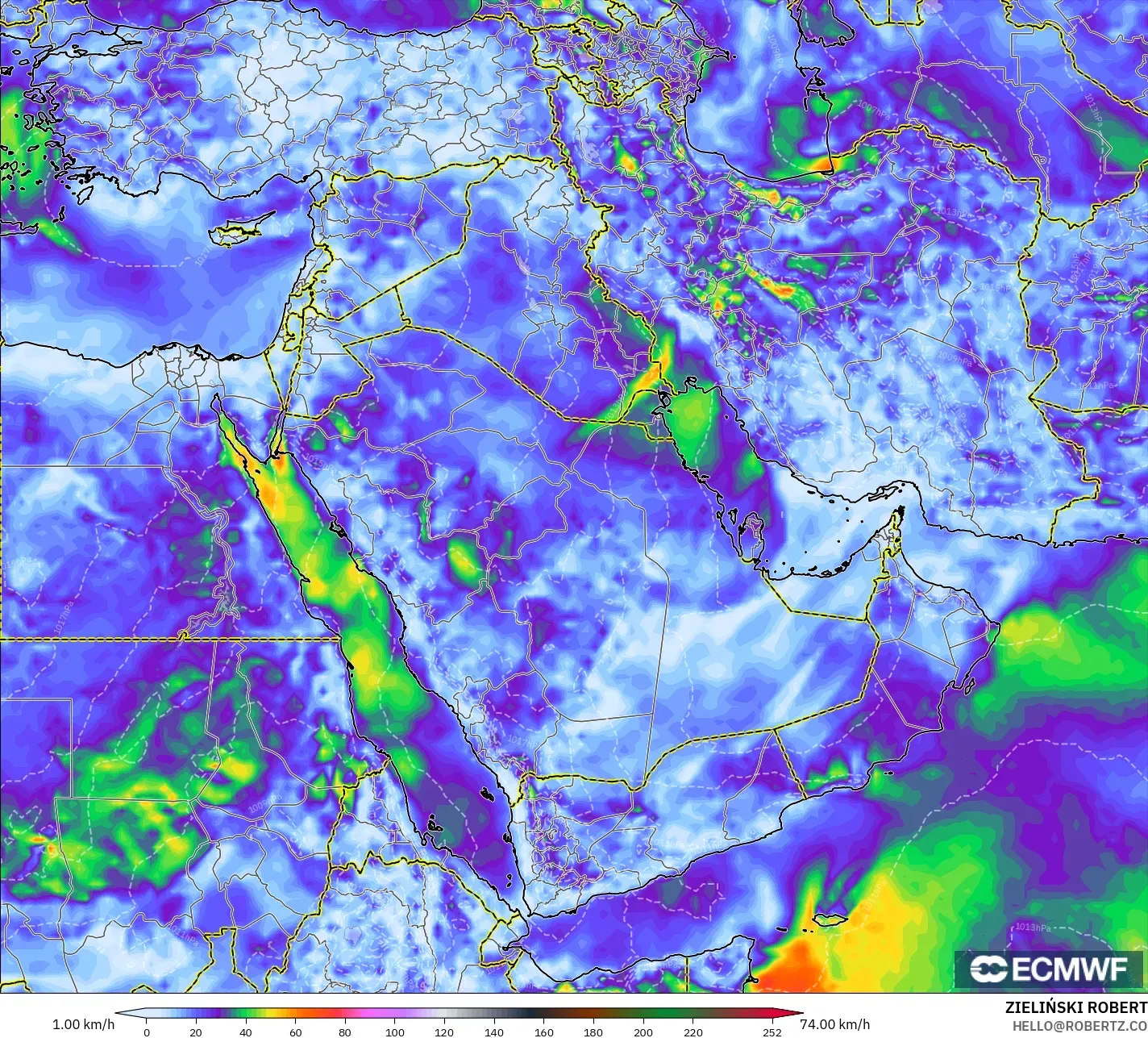 ECMWF IFS 0.25° modelo - Oriente Medio, Ráfagas de viento