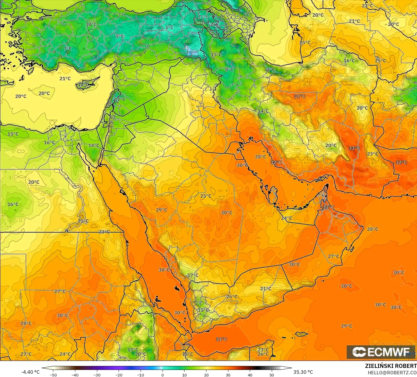 ECMWF IFS 0.25° modelo - Oriente Medio, Temperatura a 2 m