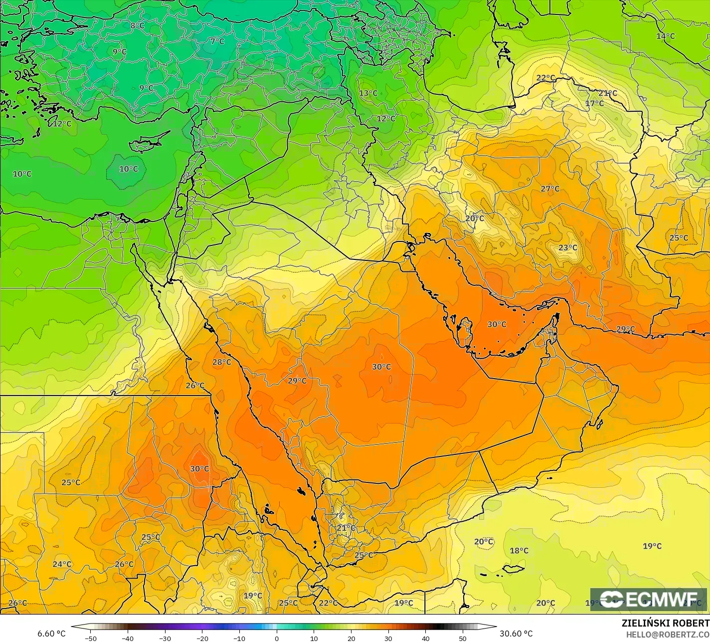 ECMWF IFS 0.25° modelo - Oriente Medio, Temperatura a 850 hPa