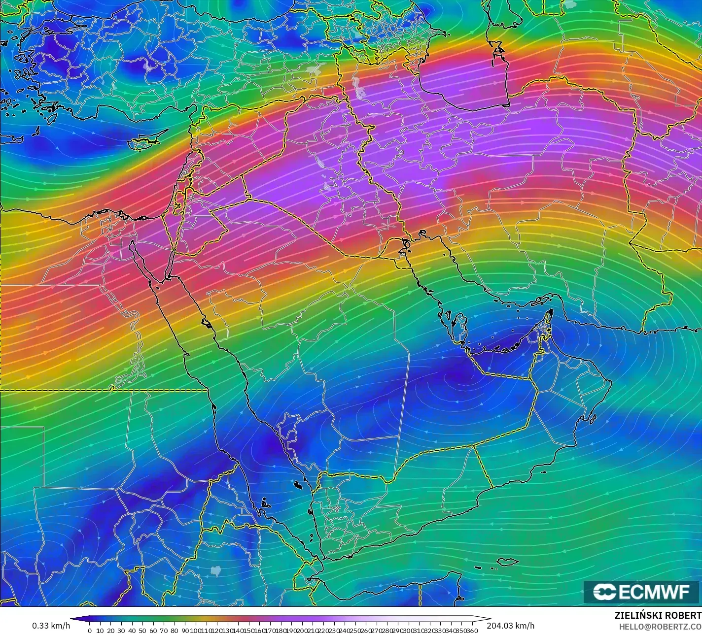 ECMWF IFS 0.25° modelo - Oriente Medio, Viento a 300 hPa (corriente en chorro)