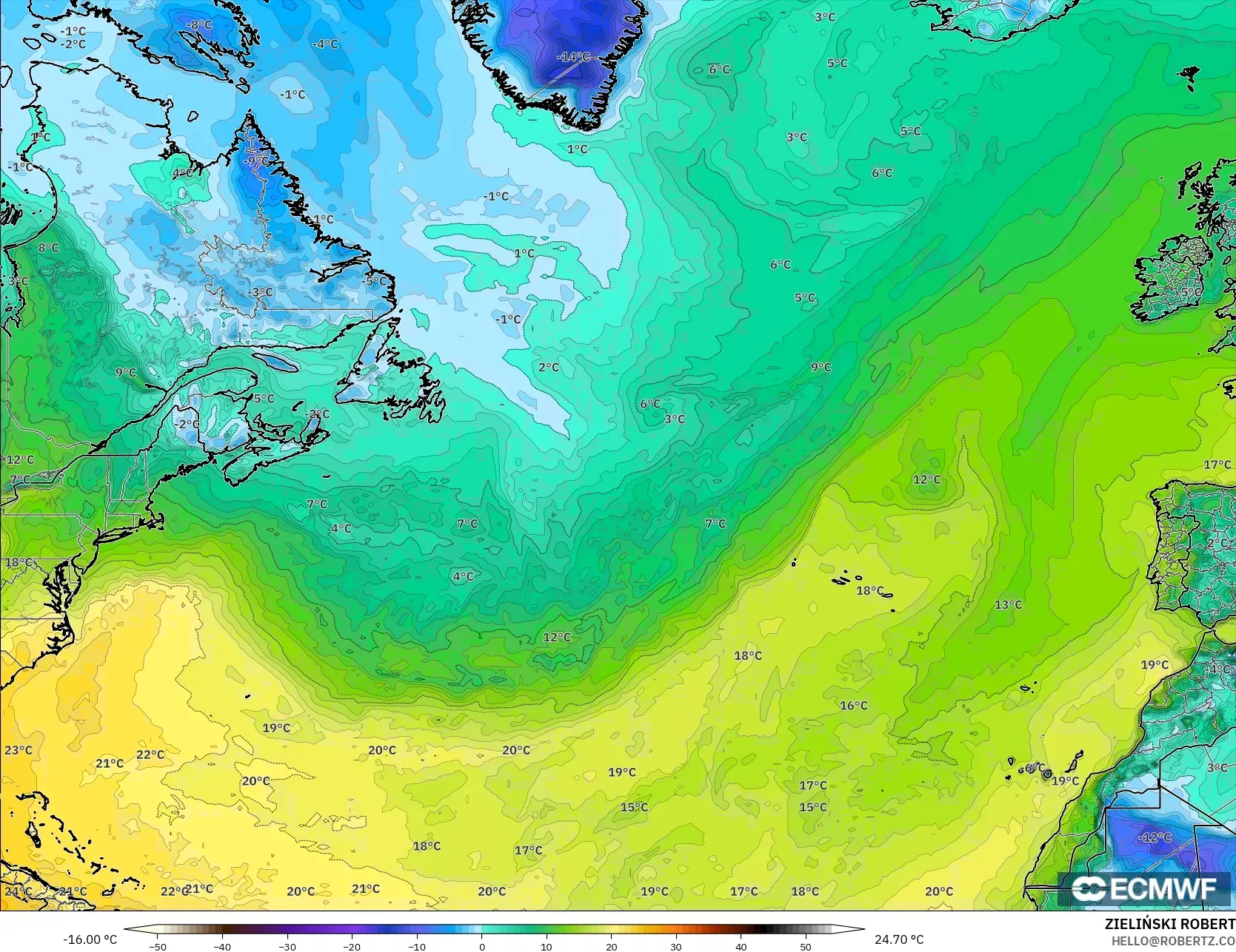 ECMWF IFS 0.25° modelo - Norte Atlántico, Punto de rocío a 2 m