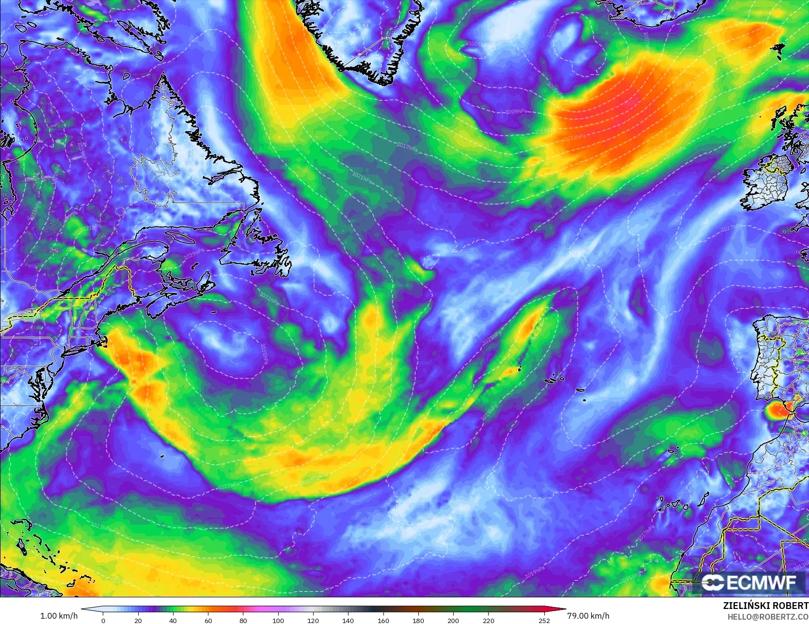 ECMWF IFS 0.25° modelo - Norte Atlántico, Ráfagas de Viento Máximas