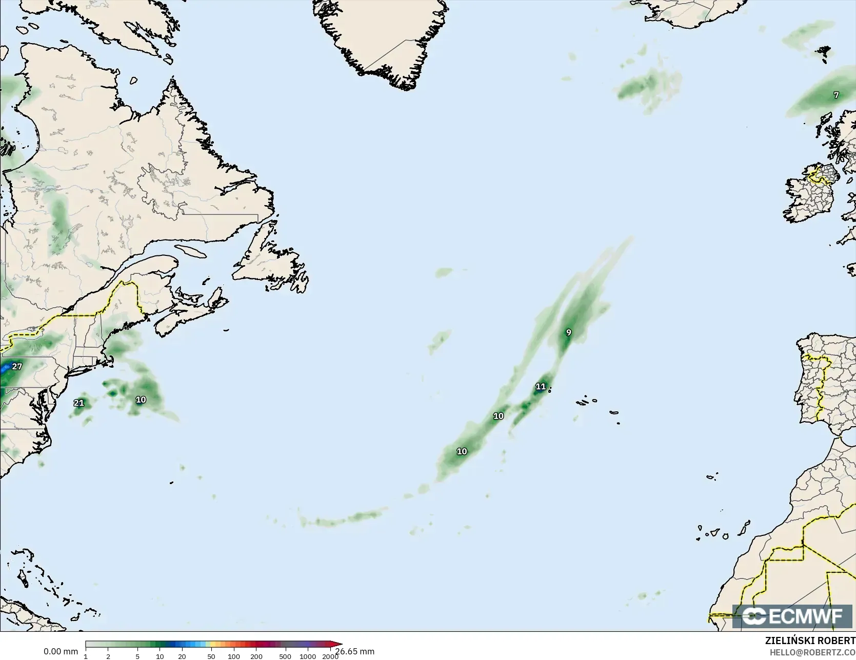 ECMWF IFS 0.25° modelo - Norte Atlántico, Acumulación de precipitación