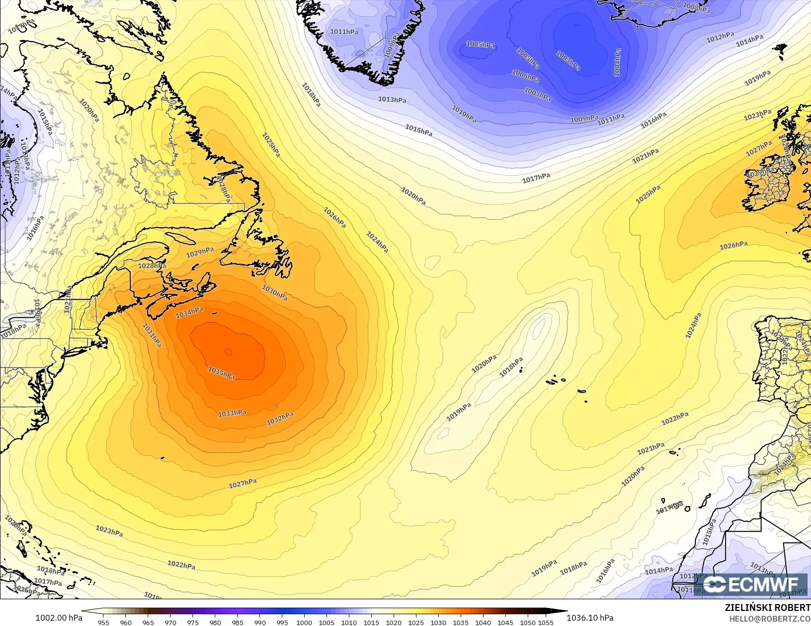 ECMWF IFS 0.25° modelo - Norte Atlántico, Presión