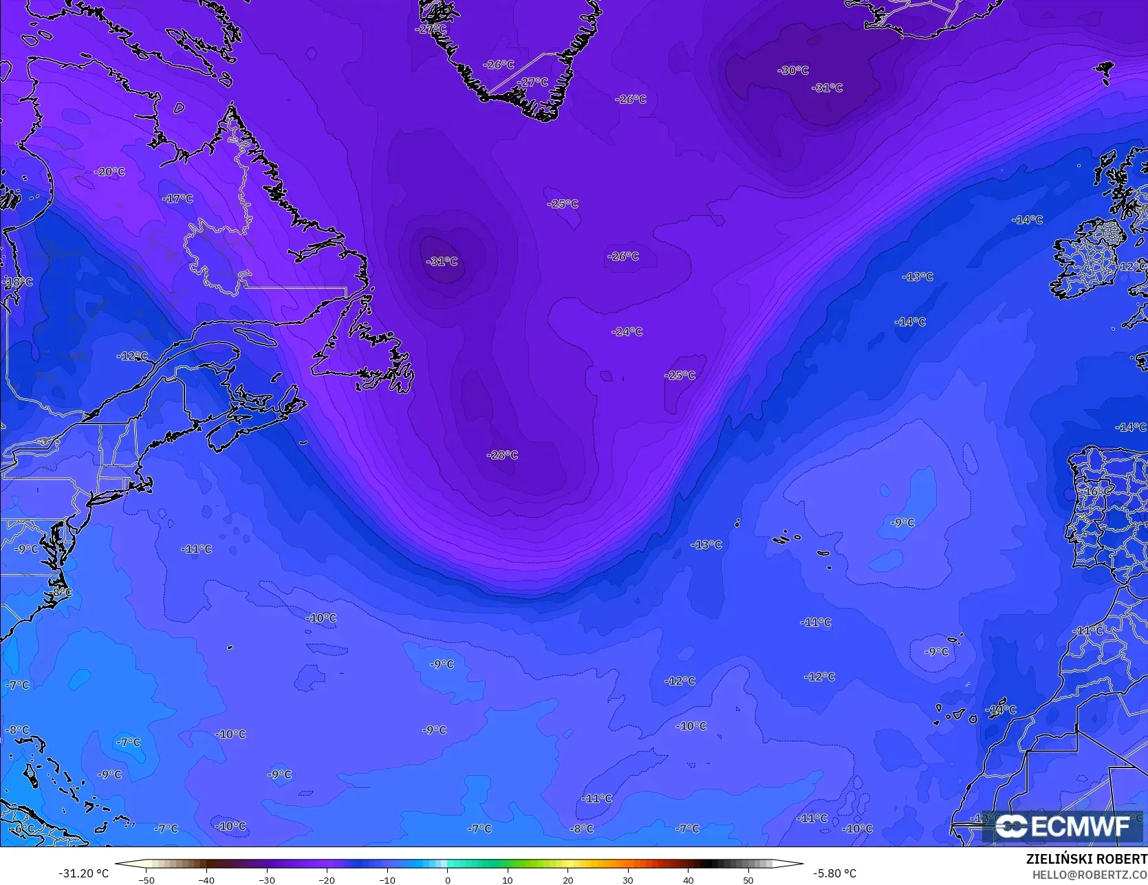ECMWF IFS 0.25° modelo - Norte Atlántico, Temperatura a 500 hPa