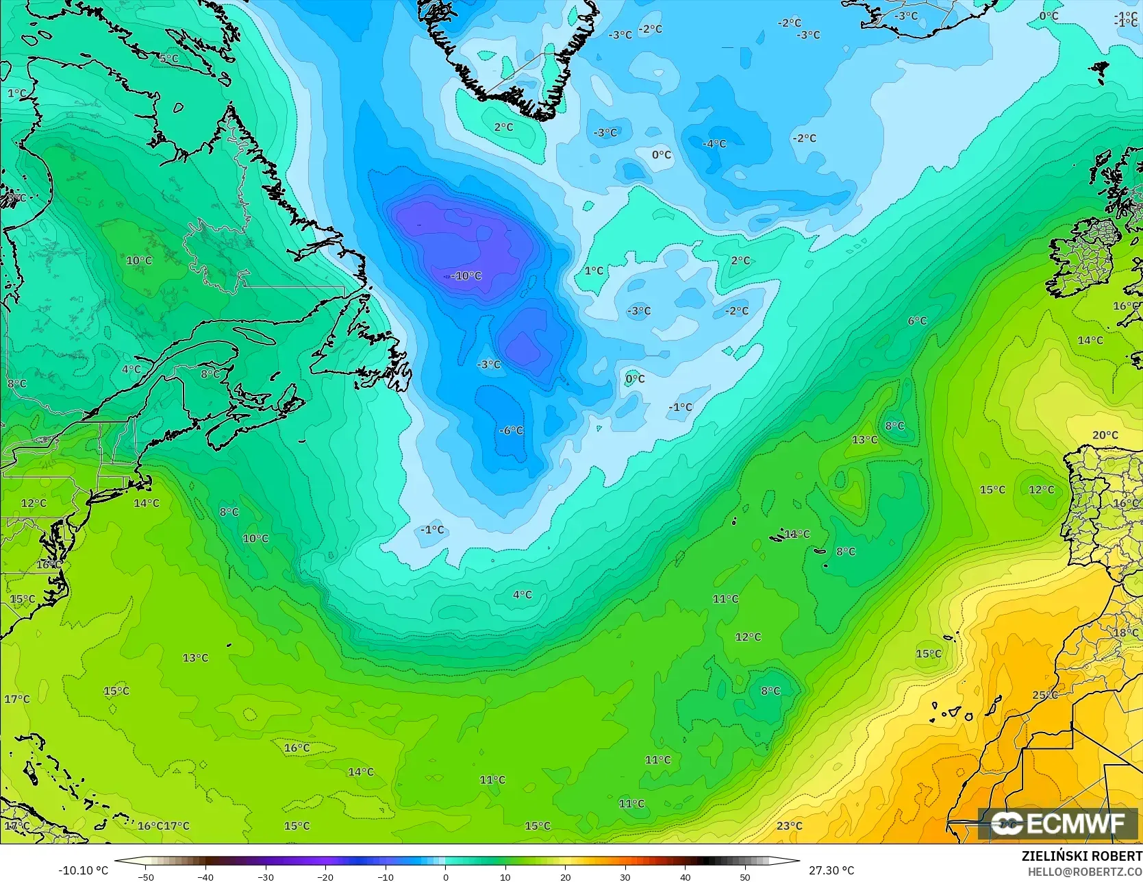 ECMWF IFS 0.25° modelo - Norte Atlántico, Temperatura a 850 hPa