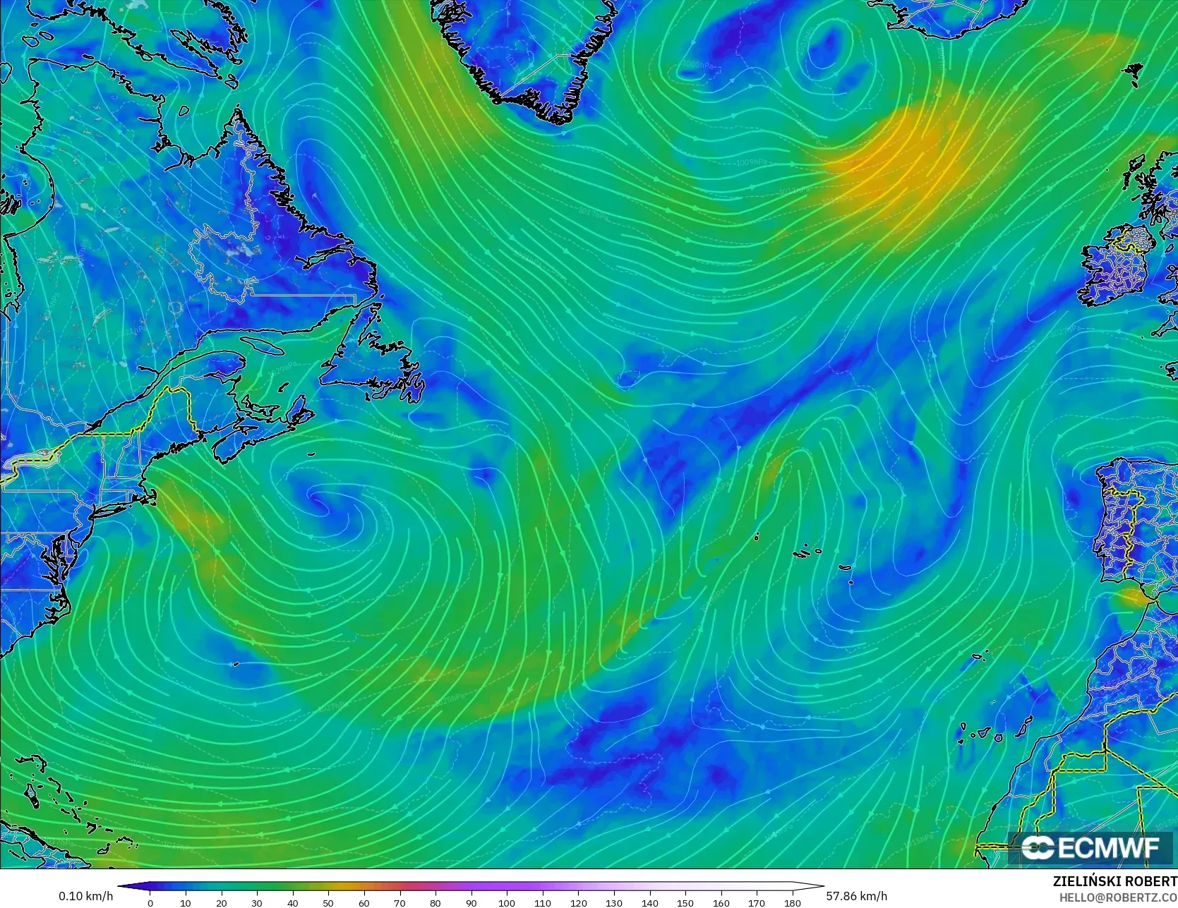 ECMWF IFS 0.25° modelo - Norte Atlántico, Viento a 10 m