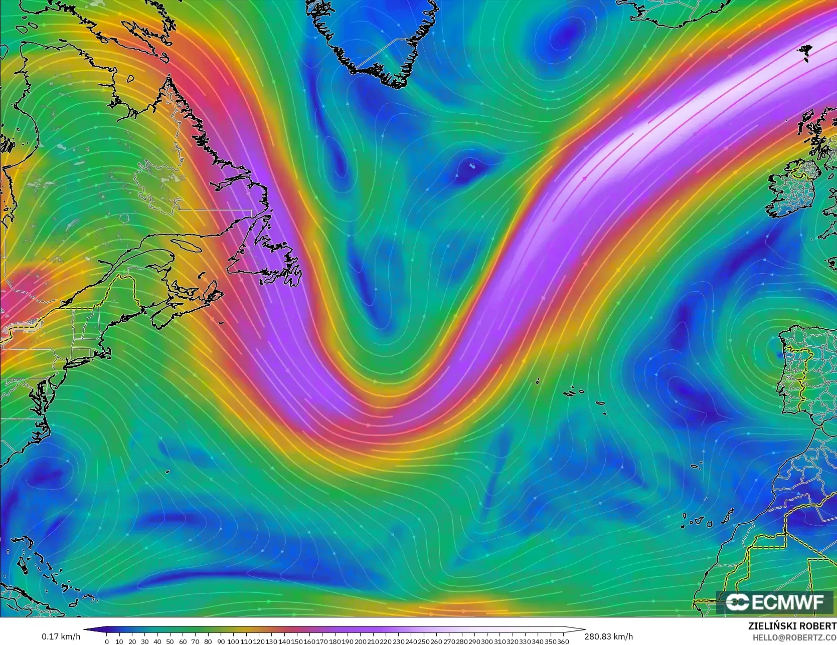 ECMWF IFS 0.25° modelo - Norte Atlántico, Viento a 300 hPa (corriente en chorro)