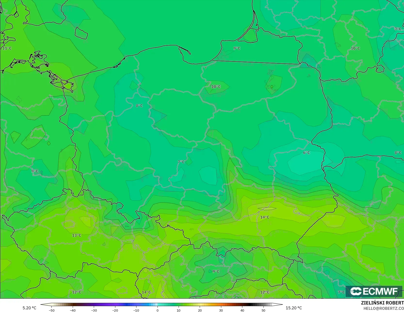 ECMWF IFS 0.25° modelo - Polonia, Punto de rocío a 2 m