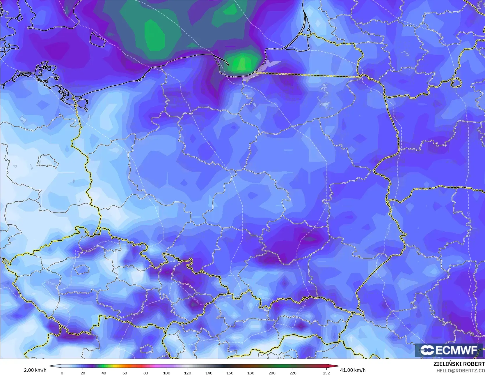ECMWF IFS 0.25° modelo - Polonia, Ráfagas de Viento Máximas