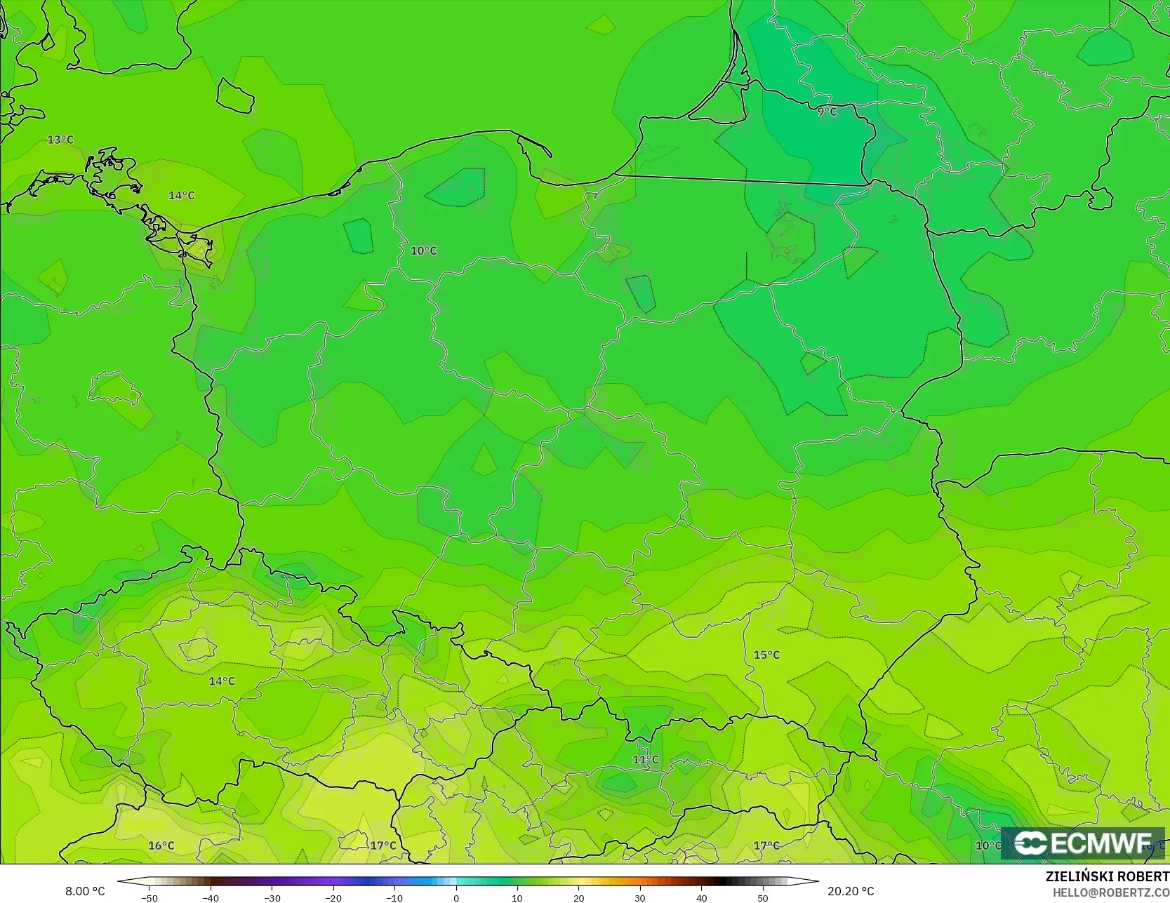 ECMWF IFS 0.25° modelo - Polonia, Temperatura a 2 m
