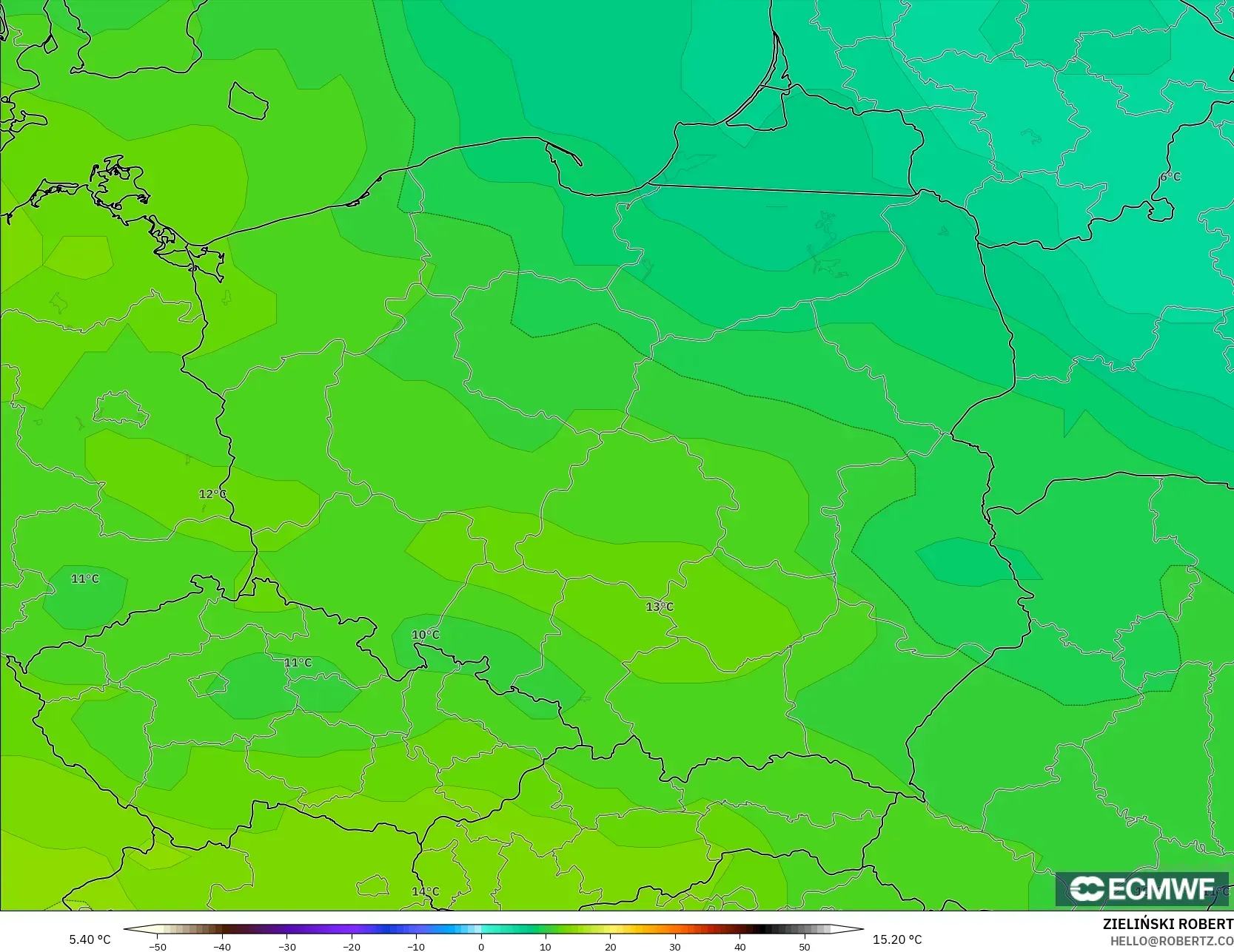 ECMWF IFS 0.25° modelo - Polonia, Temperatura a 850 hPa