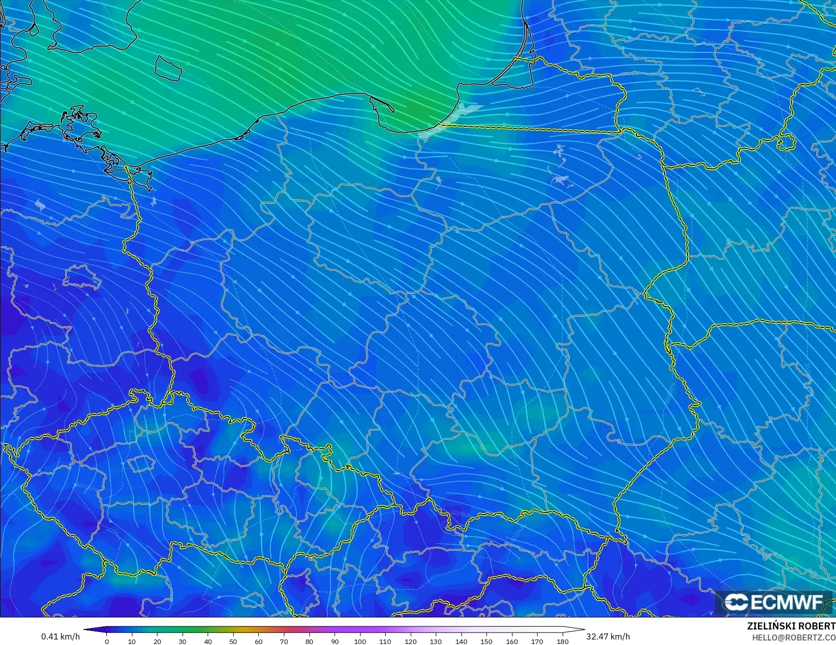 ECMWF IFS 0.25° modelo - Polonia, Viento a 10 m