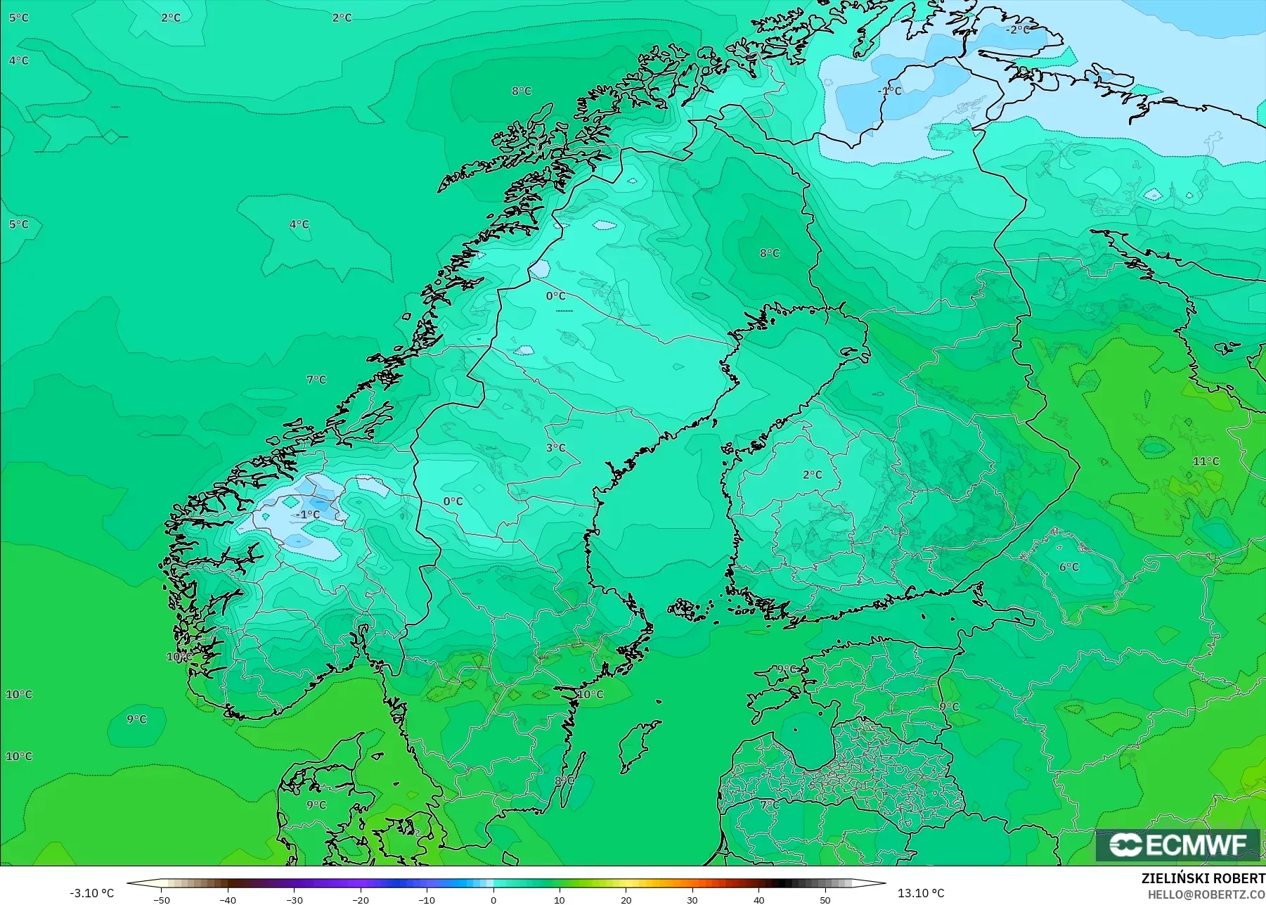 ECMWF IFS 0.25° modelo - Escandinavia, Punto de rocío a 2 m