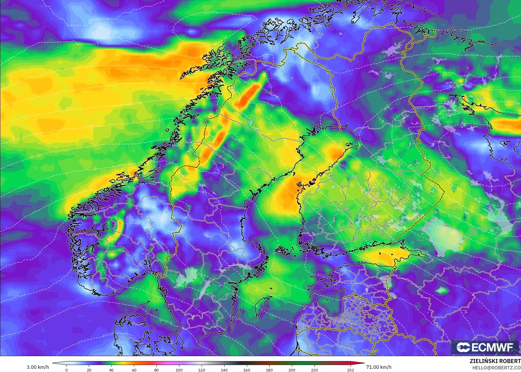 ECMWF IFS 0.25° modelo - Escandinavia, Ráfagas de viento