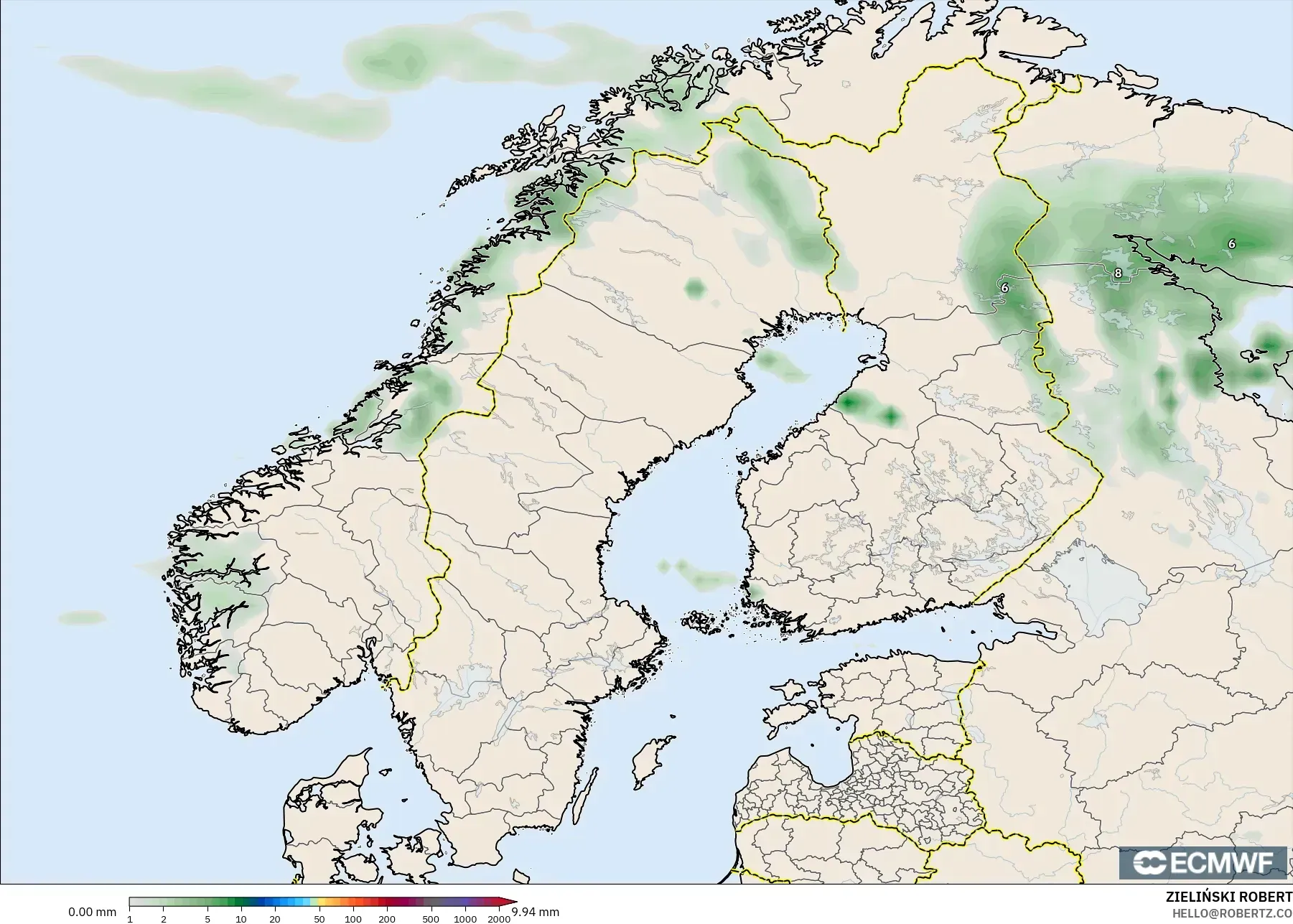 ECMWF IFS 0.25° modelo - Escandinavia, Acumulación de precipitación