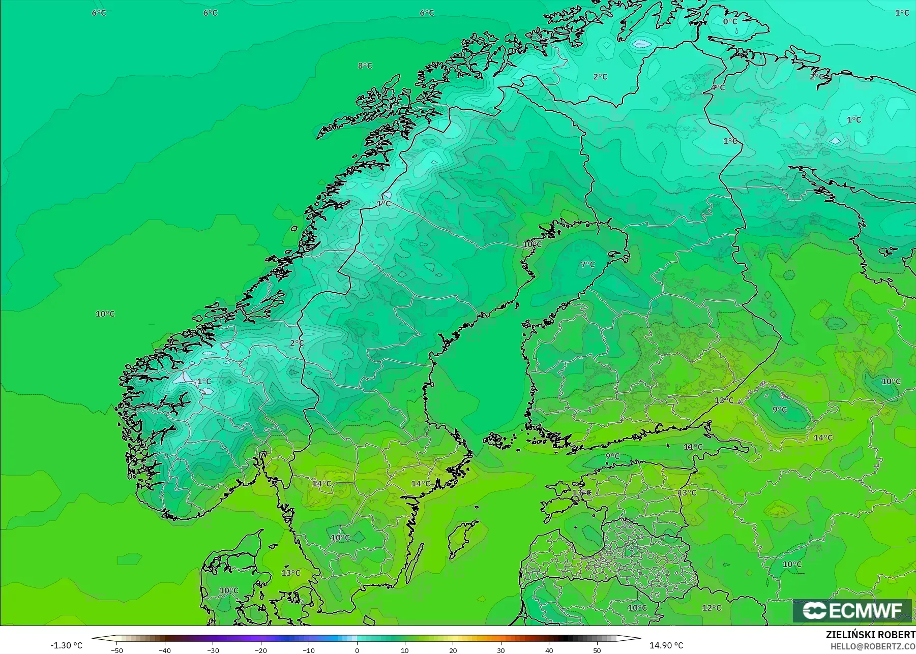 ECMWF IFS 0.25° modelo - Escandinavia, Temperatura a 2 m