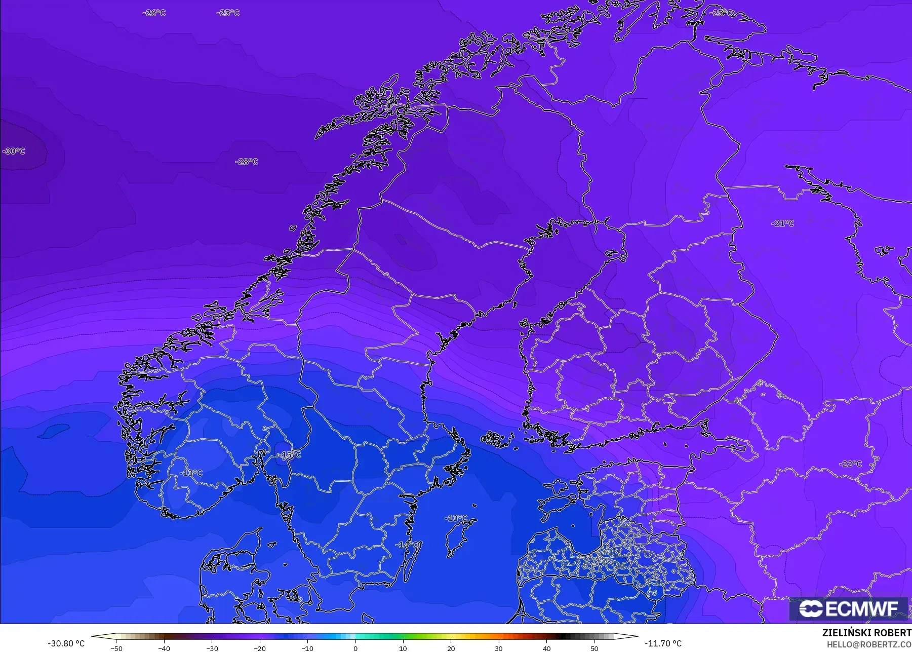 ECMWF IFS 0.25° modelo - Escandinavia, Temperatura a 500 hPa