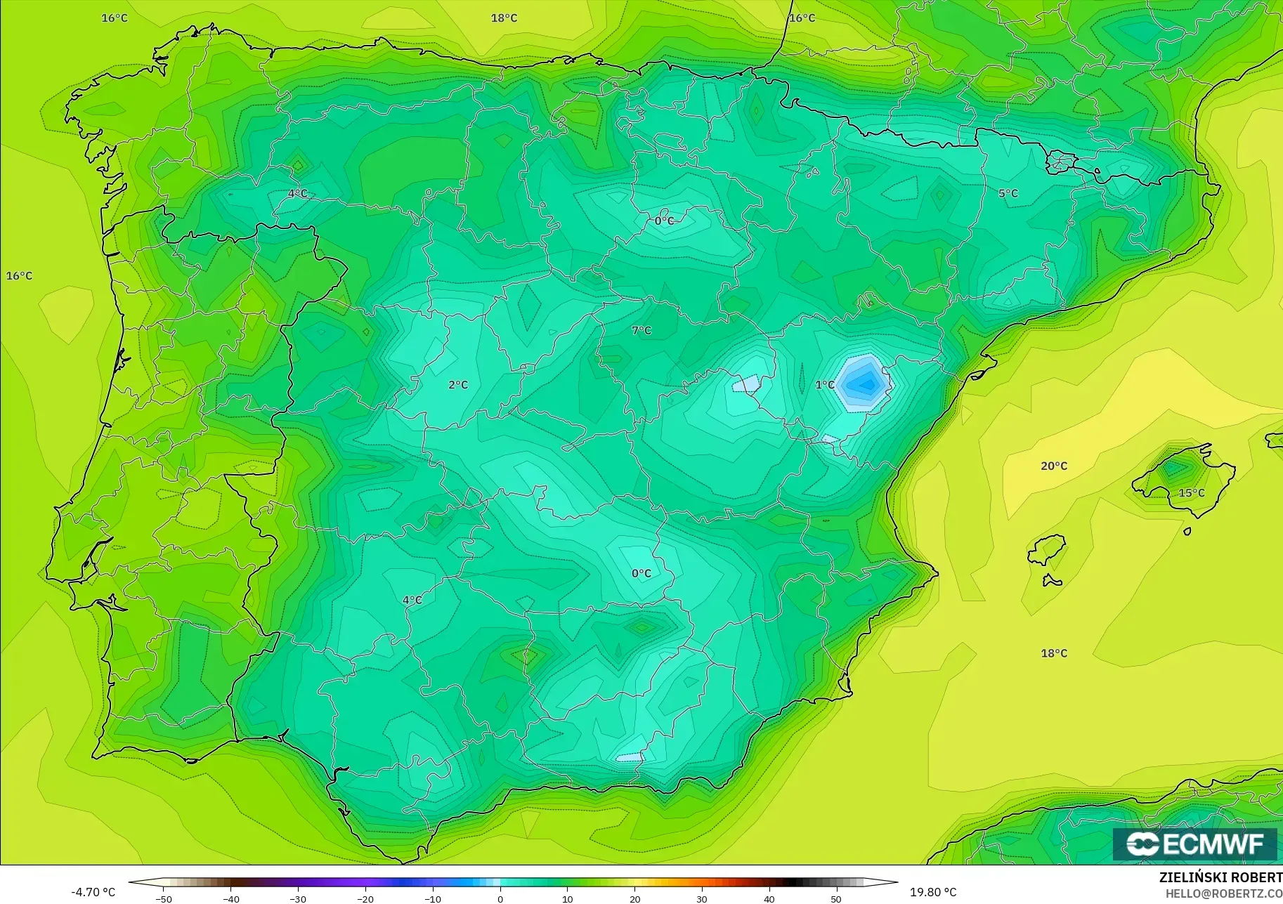 ECMWF IFS 0.25° modelo - España, Punto de rocío a 2 m