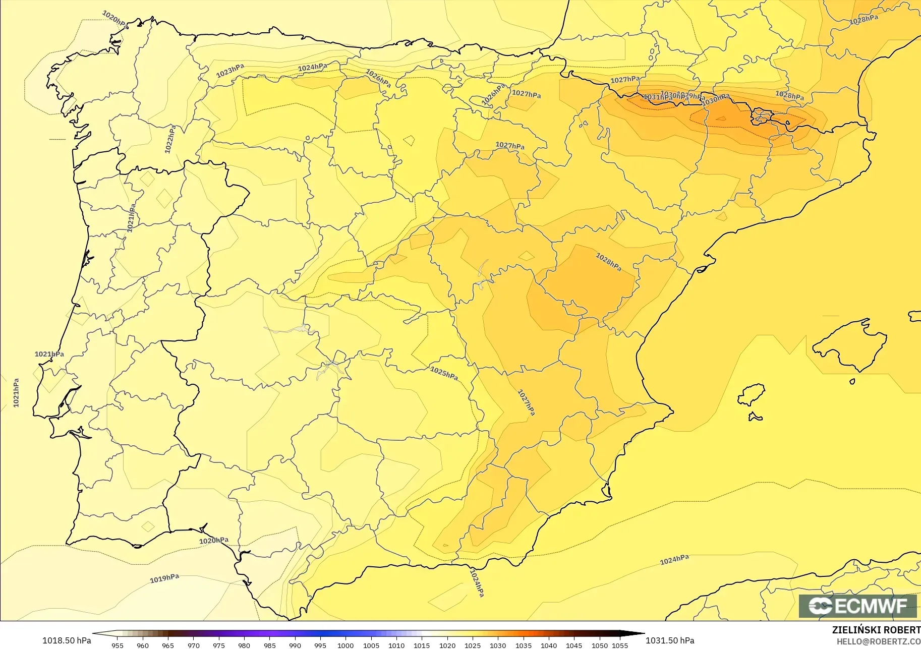 ECMWF IFS 0.25° modelo - España, Presión