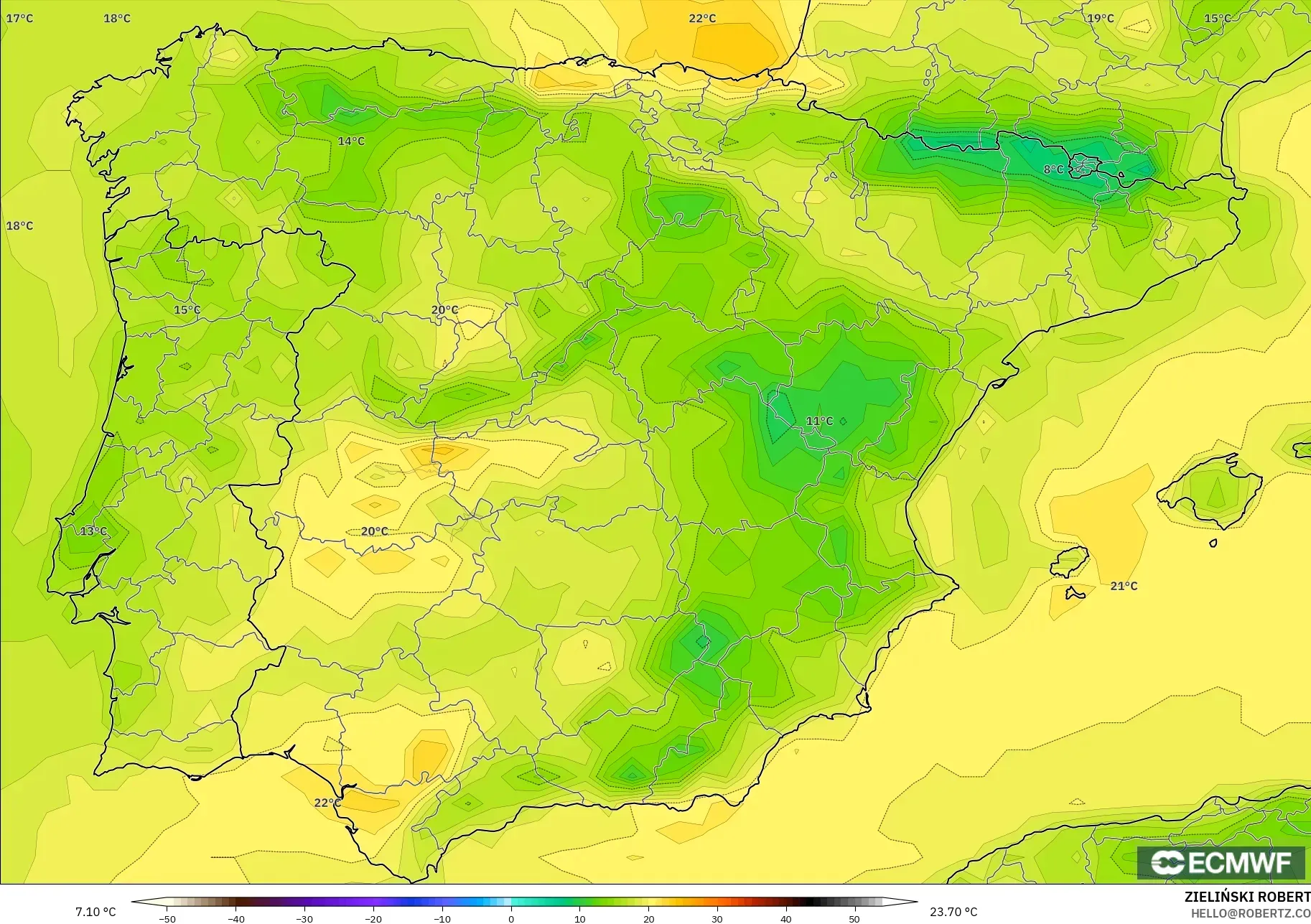 ECMWF IFS 0.25° modelo - España, Temperatura a 2 m
