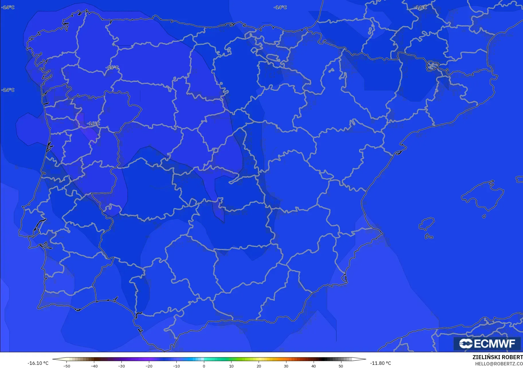 ECMWF IFS 0.25° modelo - España, Temperatura a 500 hPa