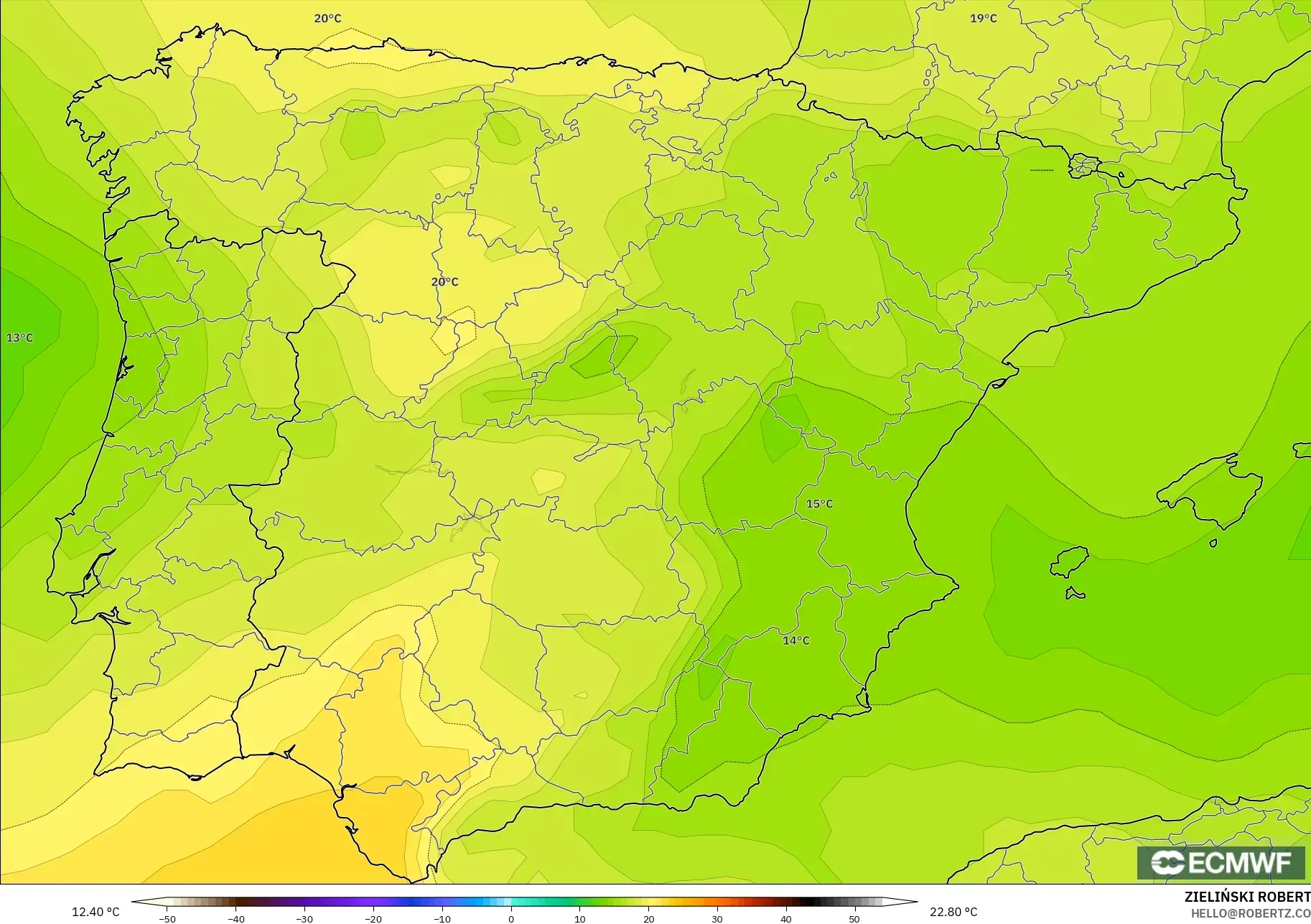 ECMWF IFS 0.25° modelo - España, Temperatura a 850 hPa