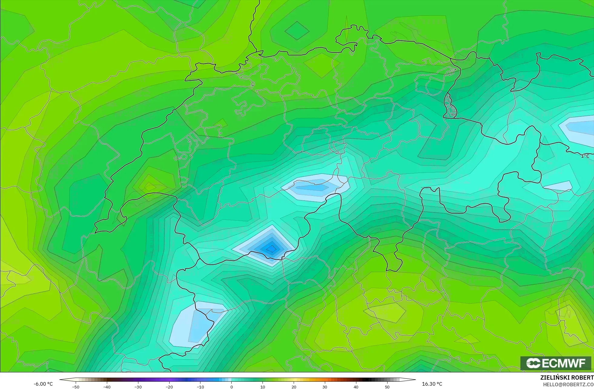 ECMWF IFS 0.25° modelo - Suiza, Punto de rocío a 2 m