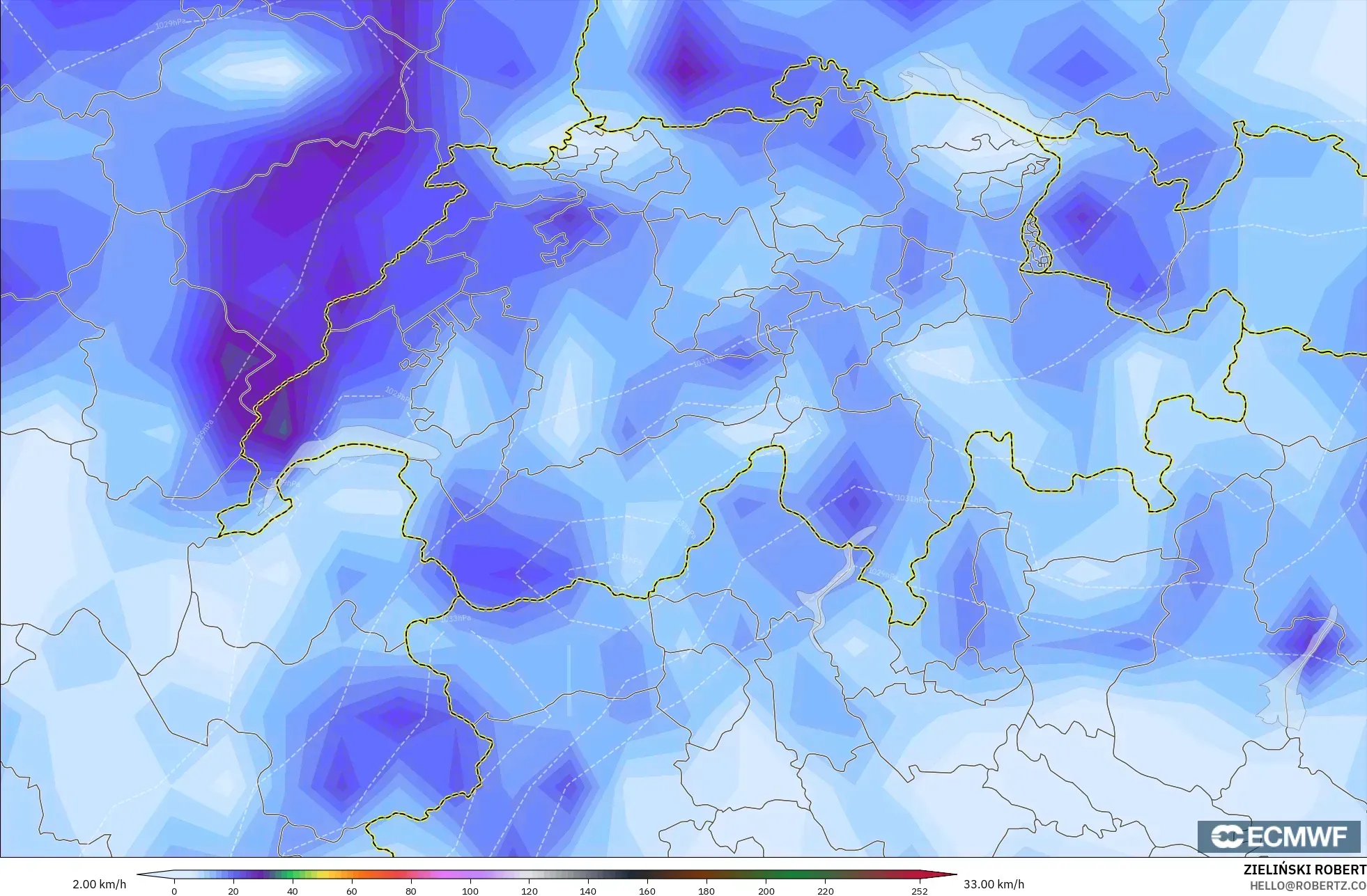 ECMWF IFS 0.25° modelo - Suiza, Ráfagas de Viento Máximas