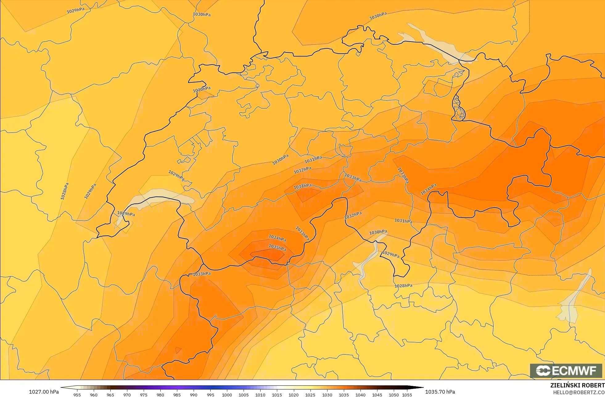ECMWF IFS 0.25° modelo - Suiza, Presión