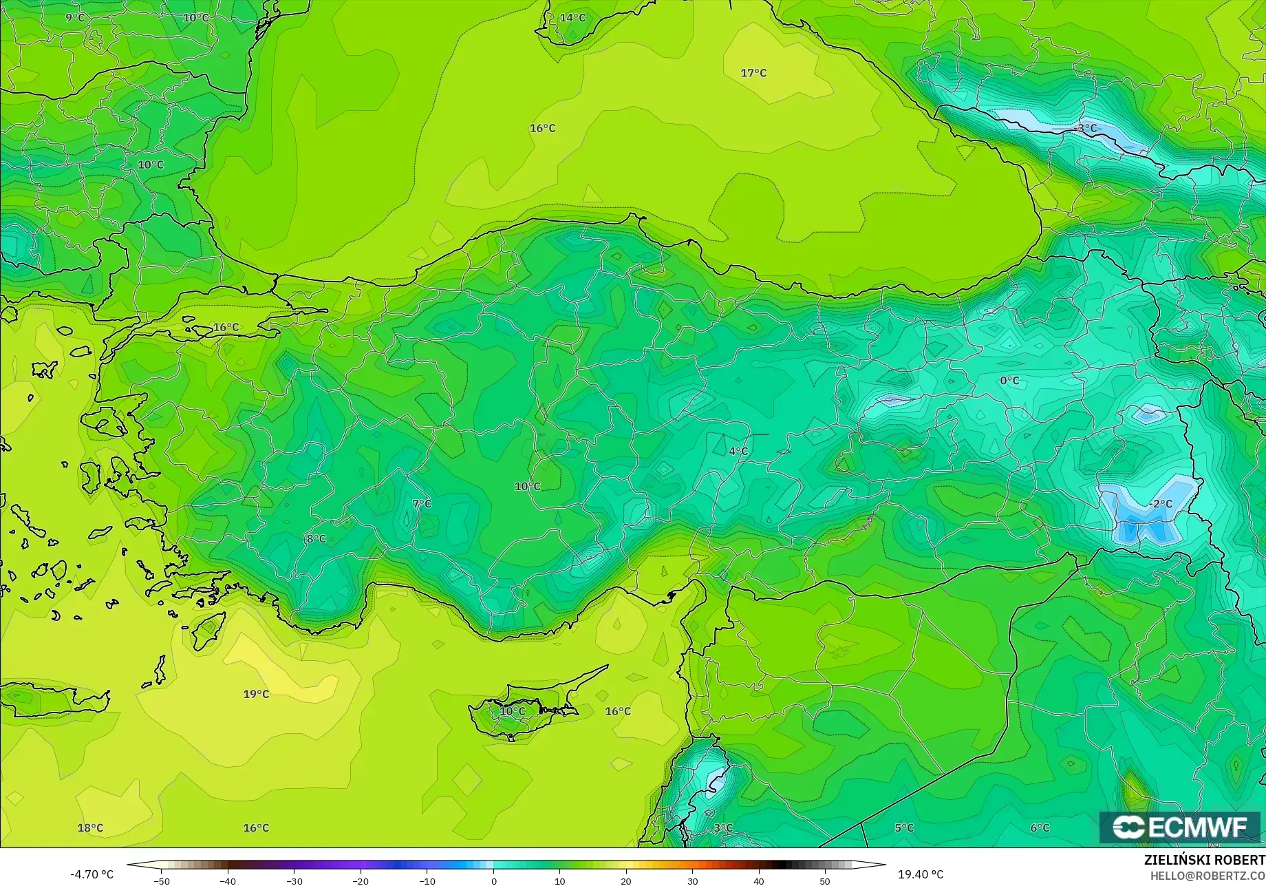 ECMWF IFS 0.25° modelo - Turquía, Punto de rocío a 2 m
