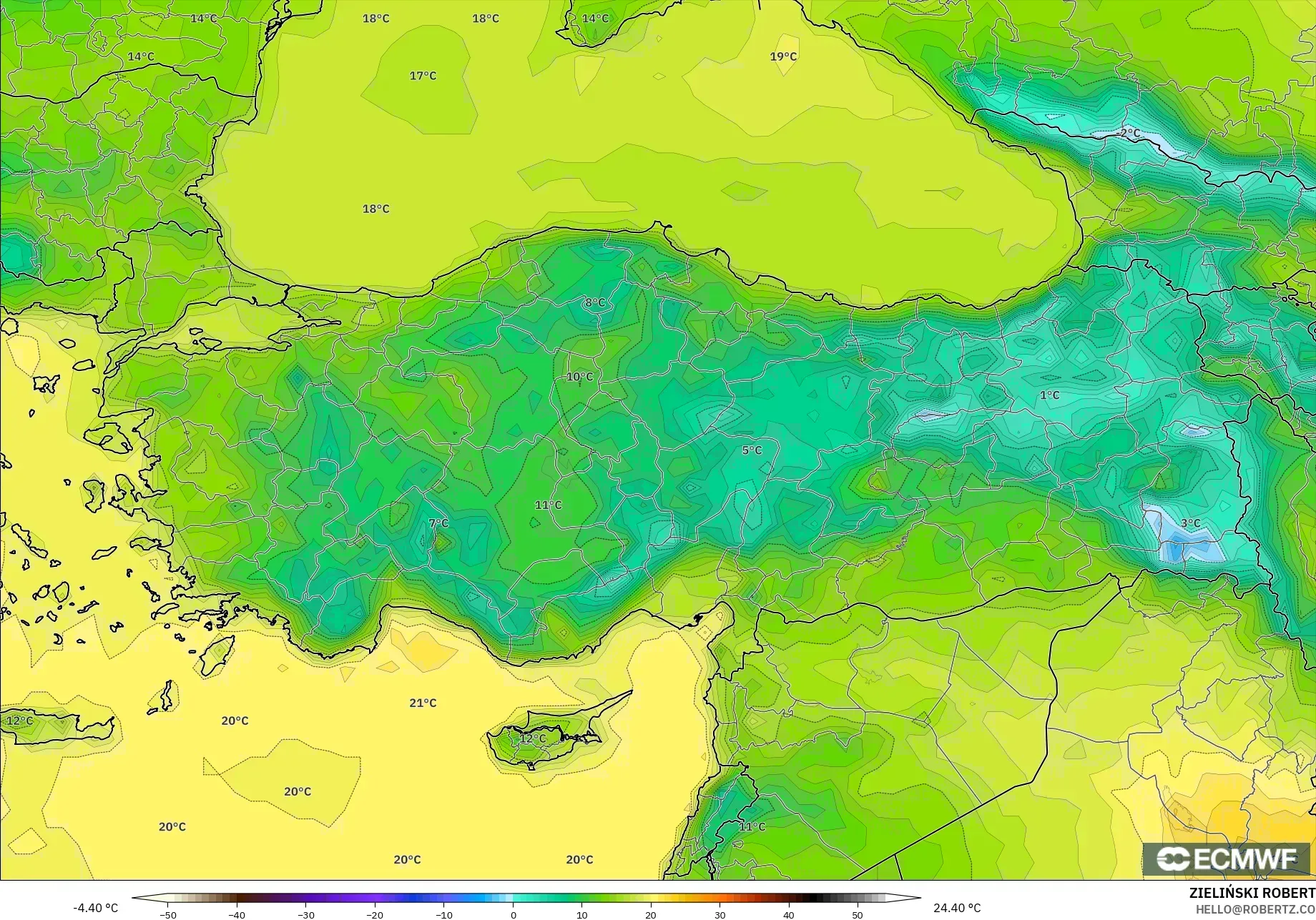 ECMWF IFS 0.25° modelo - Turquía, Temperatura a 2 m