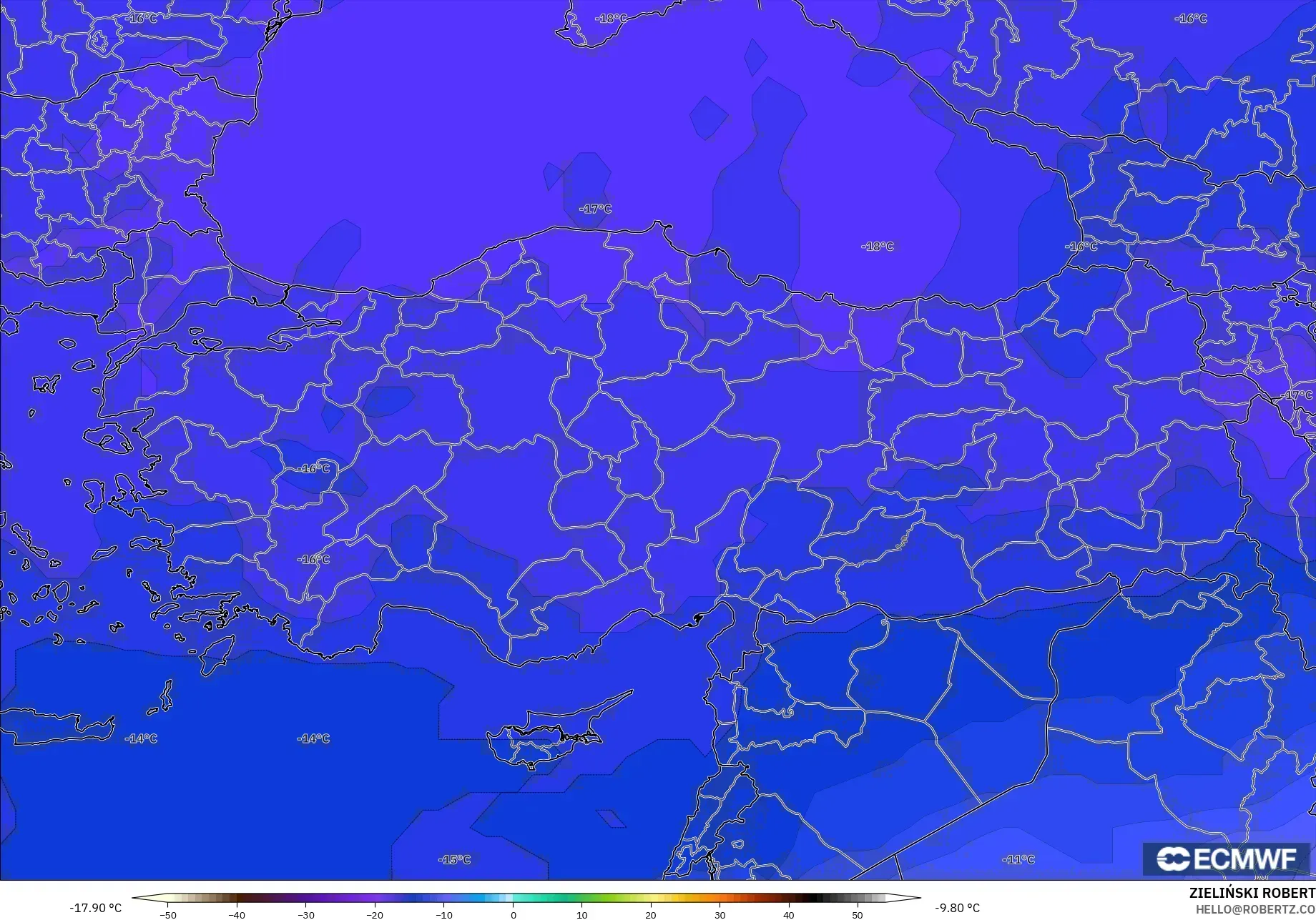 ECMWF IFS 0.25° modelo - Turquía, Temperatura a 500 hPa
