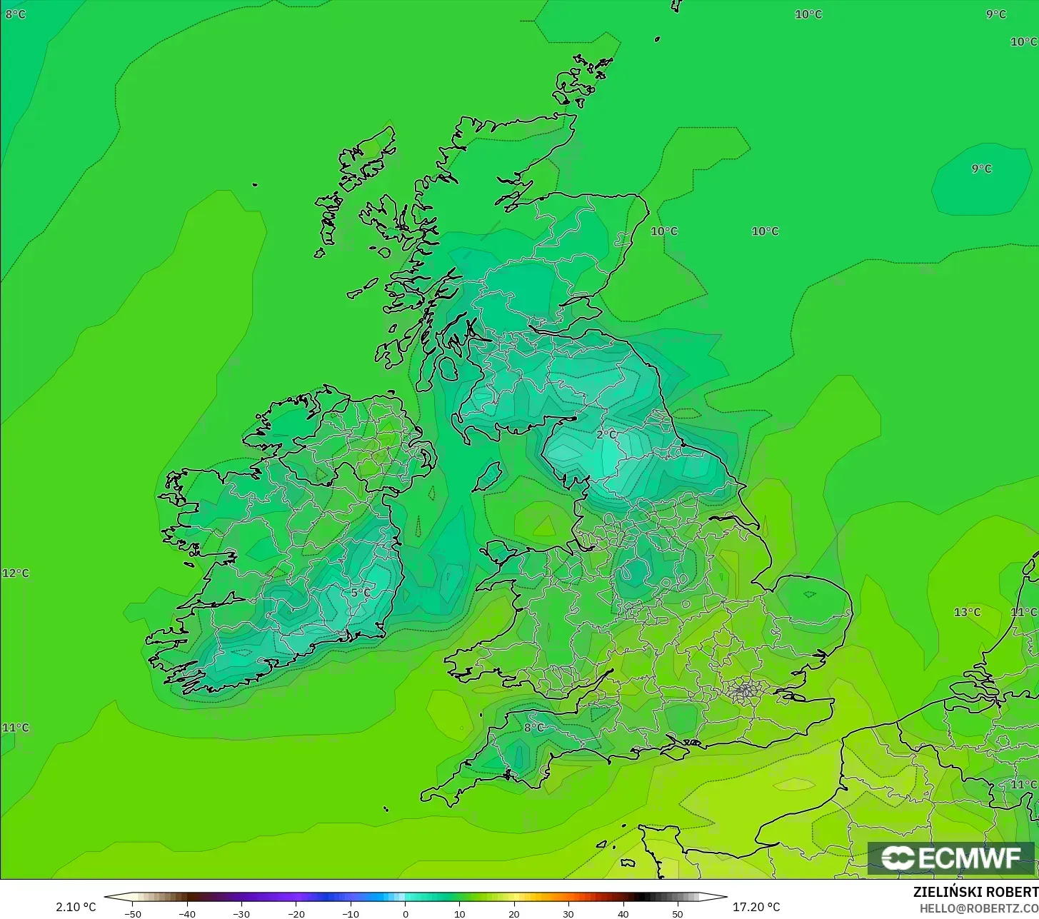 ECMWF IFS 0.25° modelo - Reino Unido, Punto de rocío a 2 m