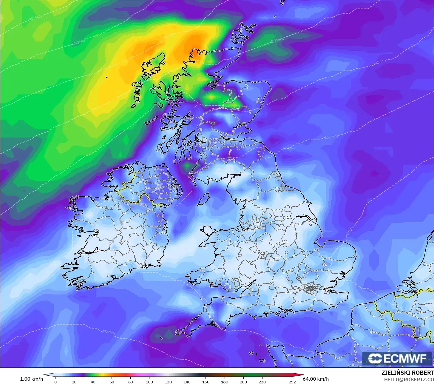 ECMWF IFS 0.25° modelo - Reino Unido, Ráfagas de viento